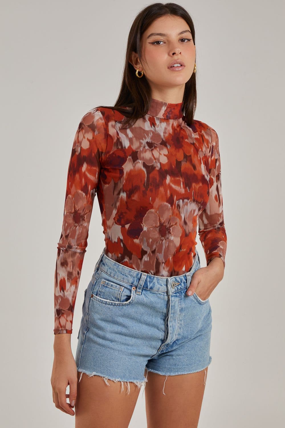 Pink Vanilla Women's Graphic Floral High Neck Bodysuit in Orange