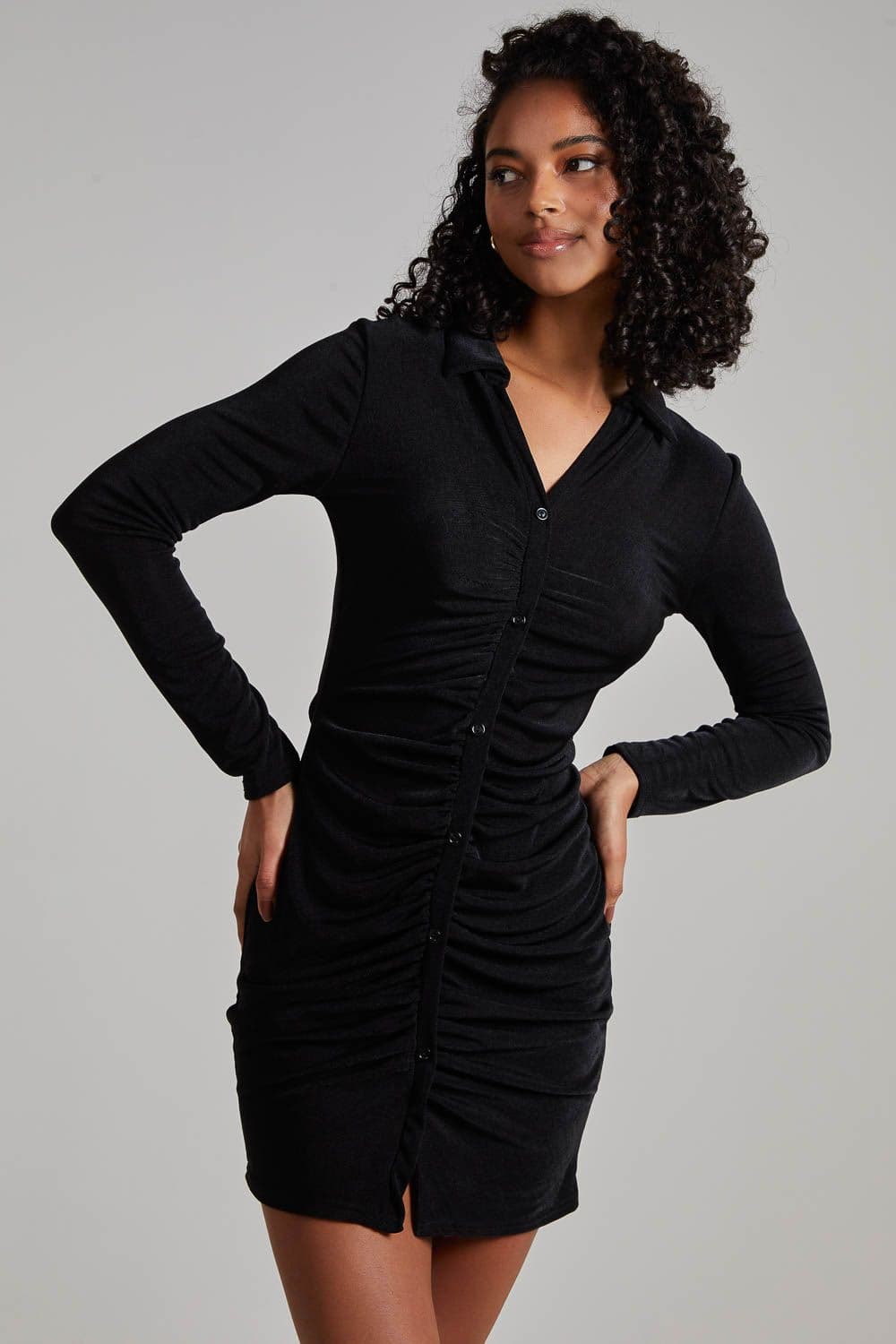 Pink Vanilla Women's Long Sleeve Collar Mini Dress in Black