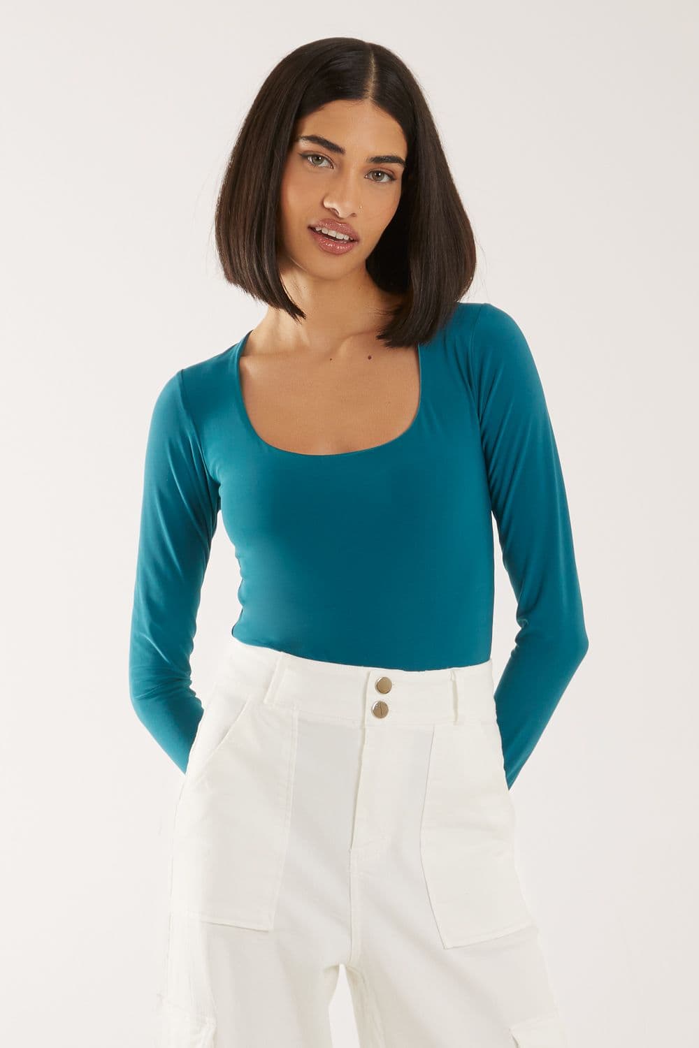 Pink Vanilla Women's Long Sleeve Square Neck Bodysuit in Teal