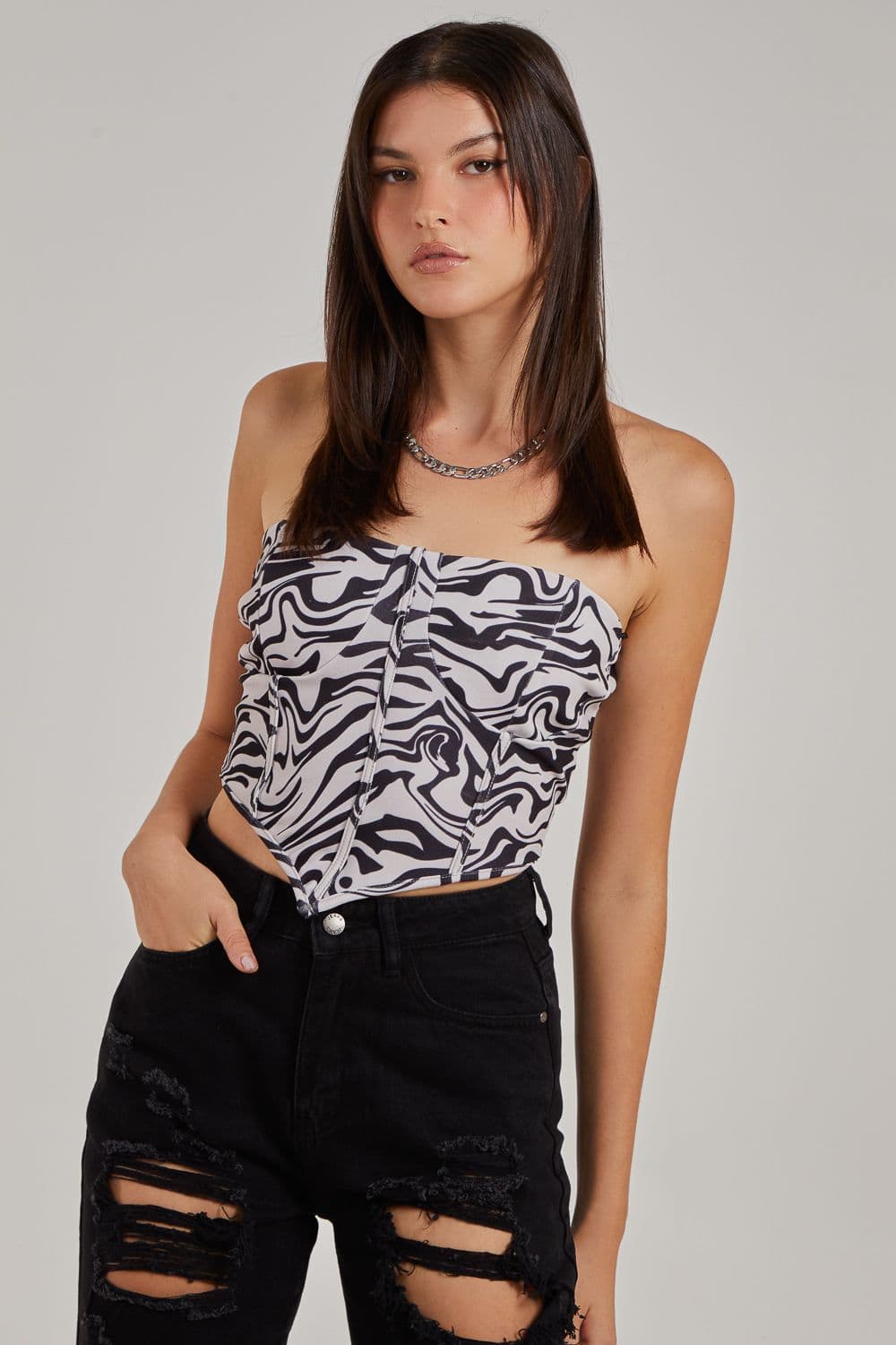Pink Vanilla Women's Swirl Printed Corset Top in Black