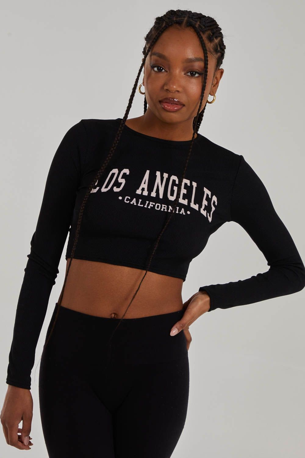 Pink Vanilla Women's Los Angeles Varsity Print Top in Black