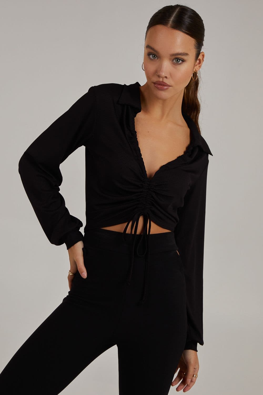 Pink Vanilla Women's Ribbed Ruched Long Sleeve Collard T-Shirt in Black