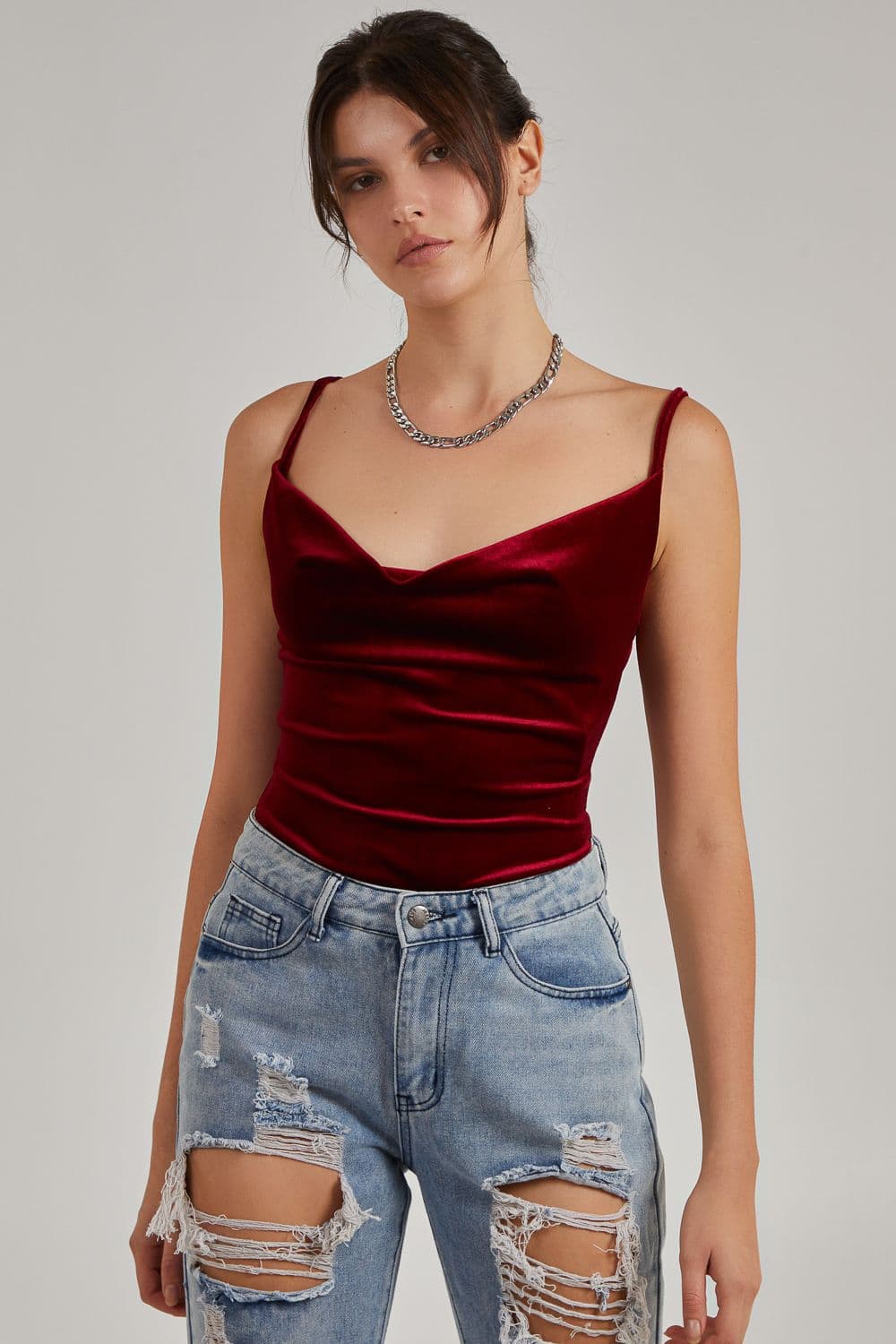 Pink Vanilla Women's Velvet Cowl Neck Bodysuit in Wine