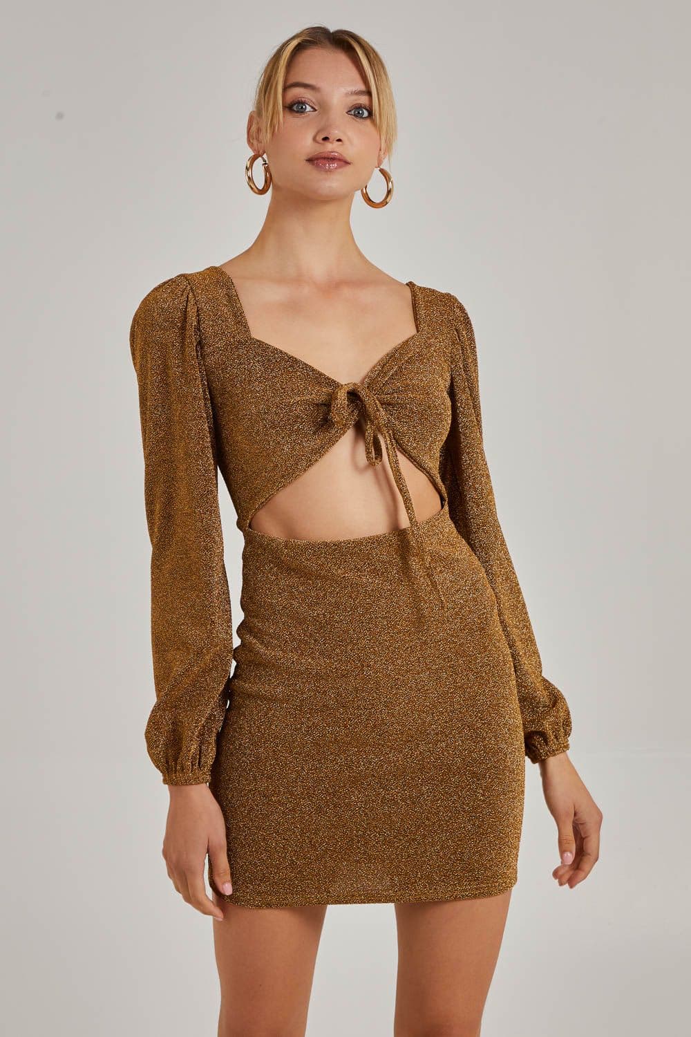 Pink Vanilla Women's Glitter Puff Sleeve Cut Out Dress in Gold