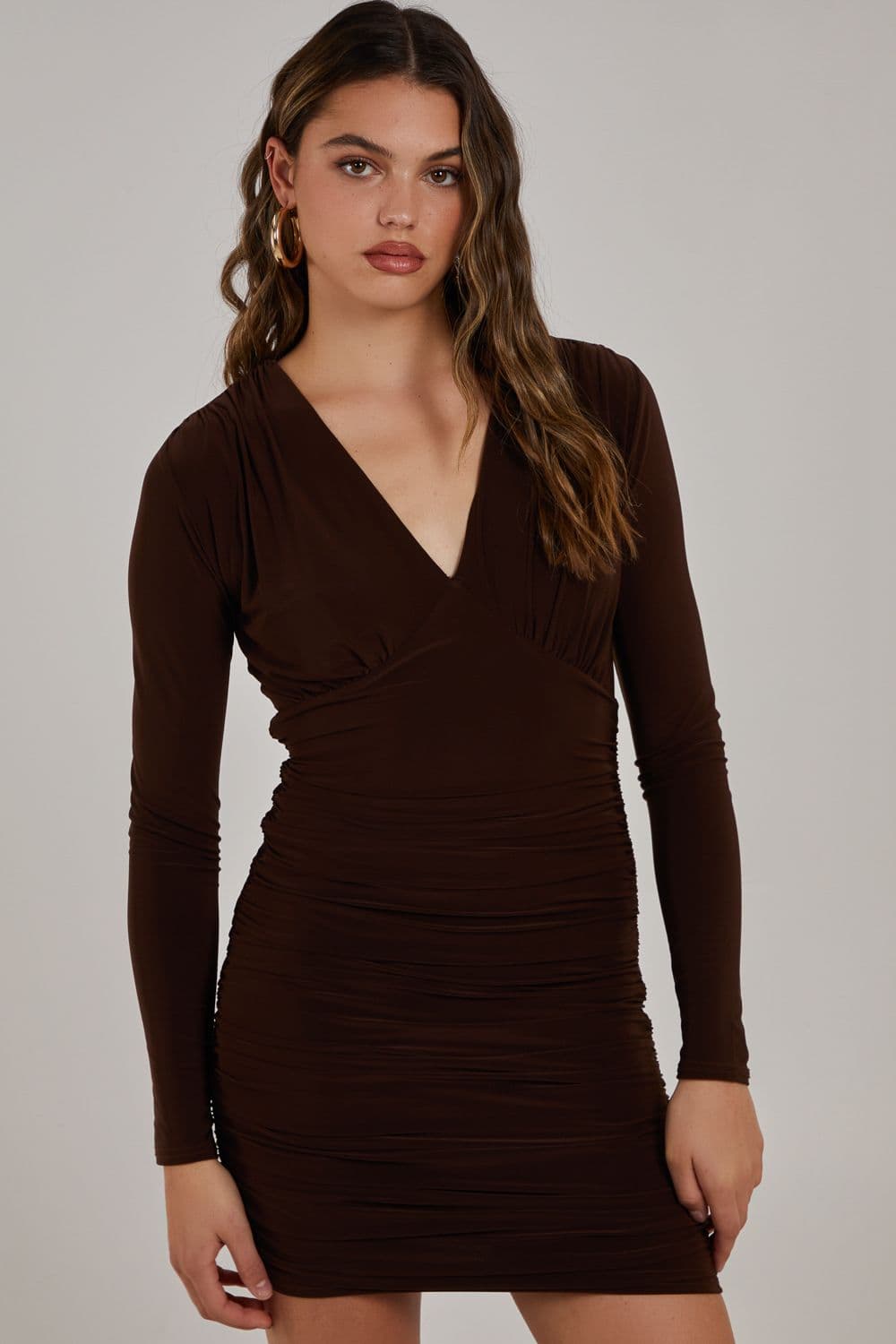 Pink Vanilla Women's V Neck Slinky Long Sleeve Dress in Chocolate