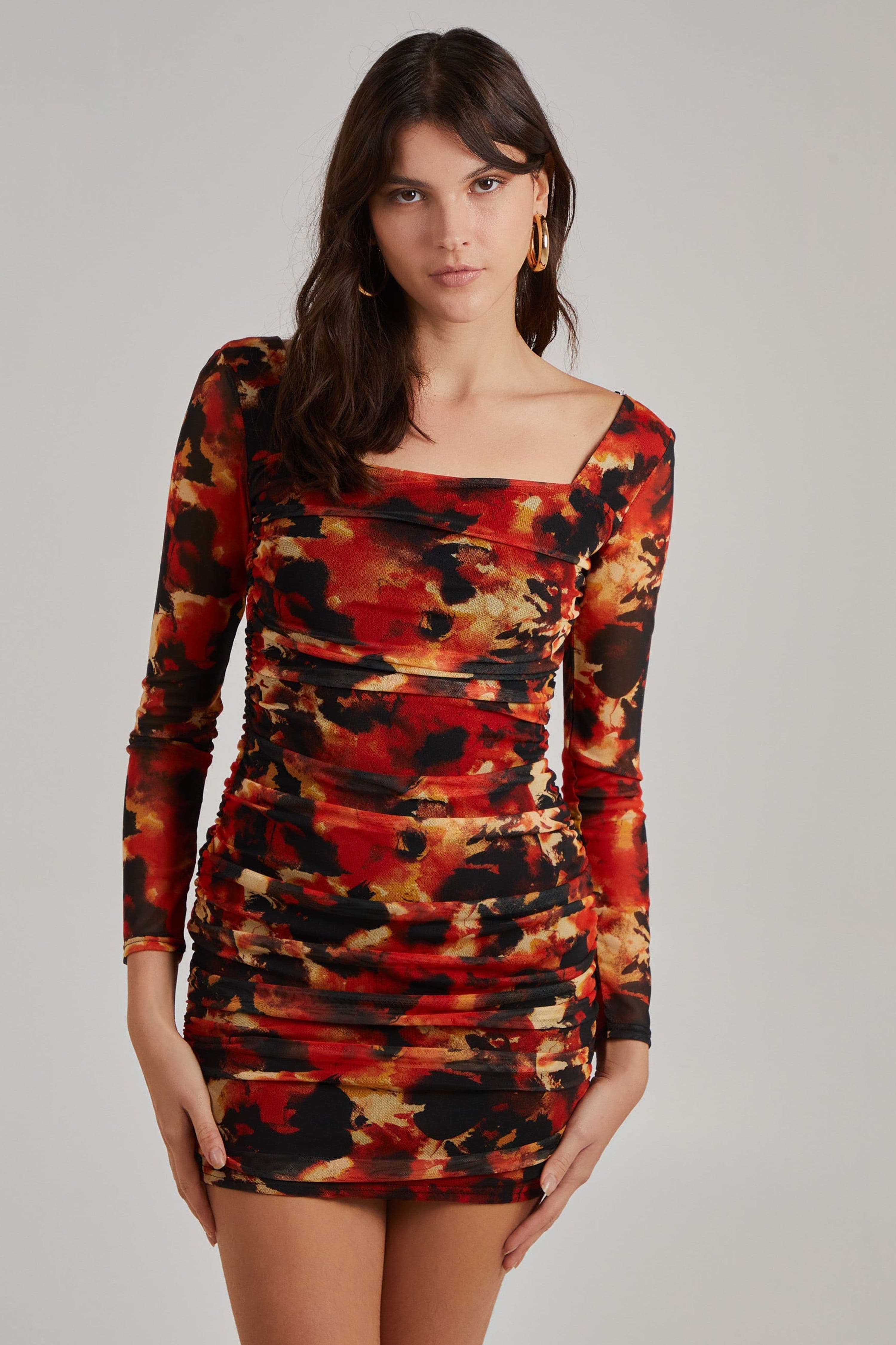 Pink Vanilla Women's Orange Ruched Smudge Print Long Sleeved Dress