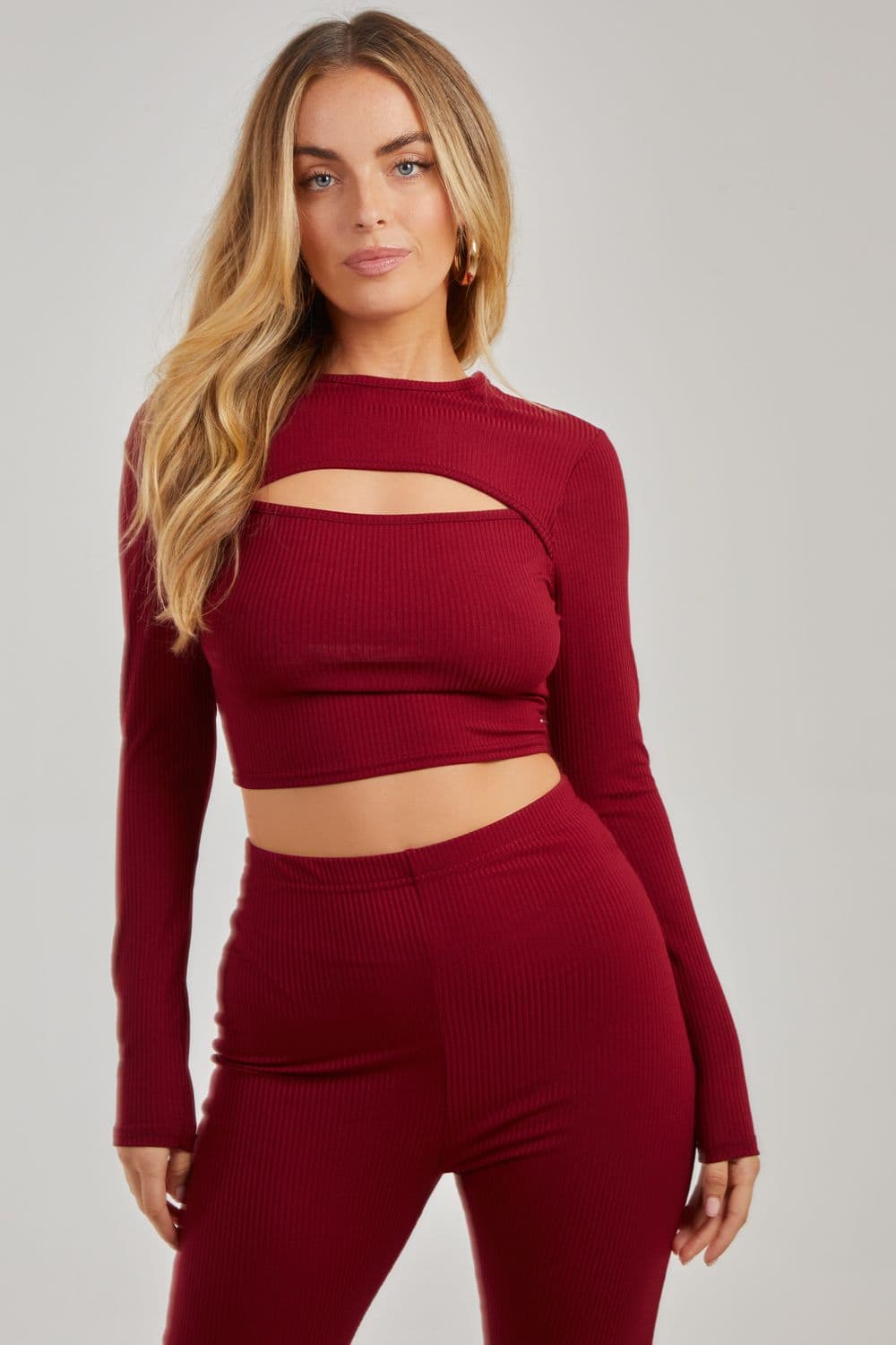 Pink Vanilla Women's Ribbed Long Sleeve Letterbox Top in Wine