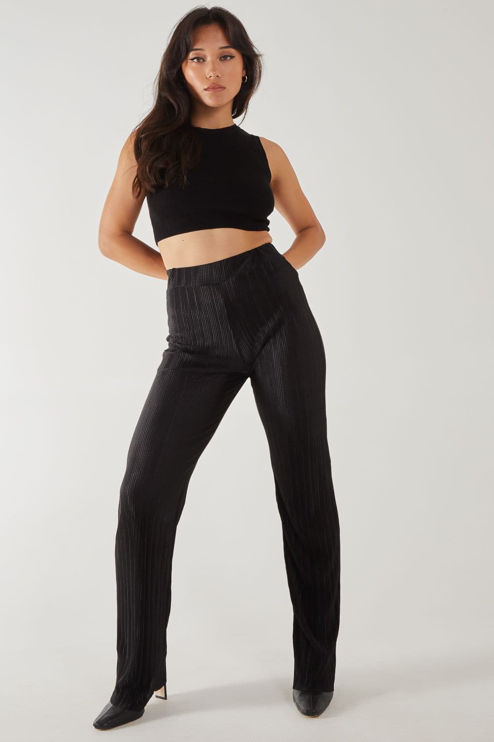 Pink Vanilla Women's Plisse Flared Trousers in Black