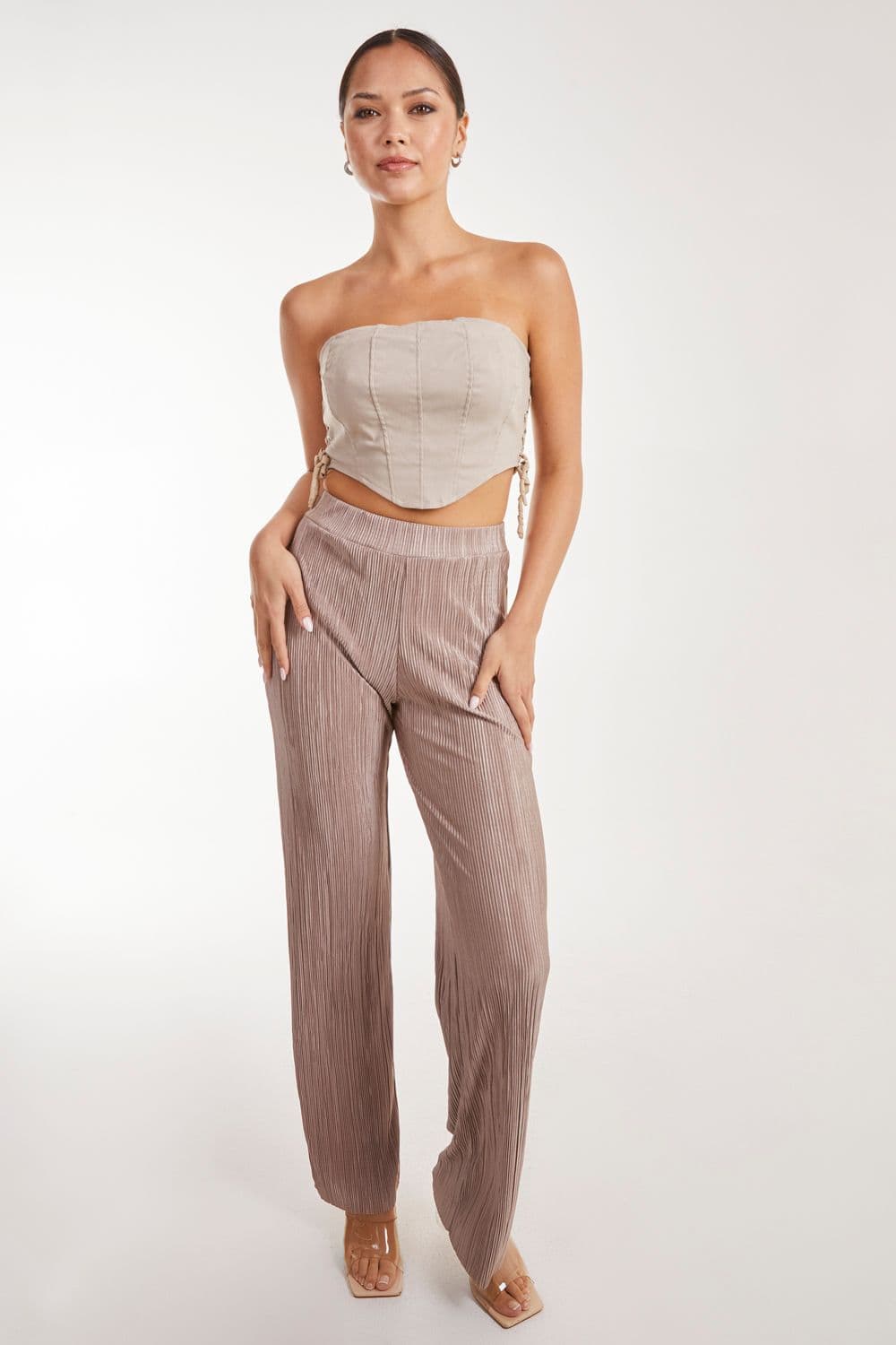 Pink Vanilla Women's Plisse Flared Trousers in Brown