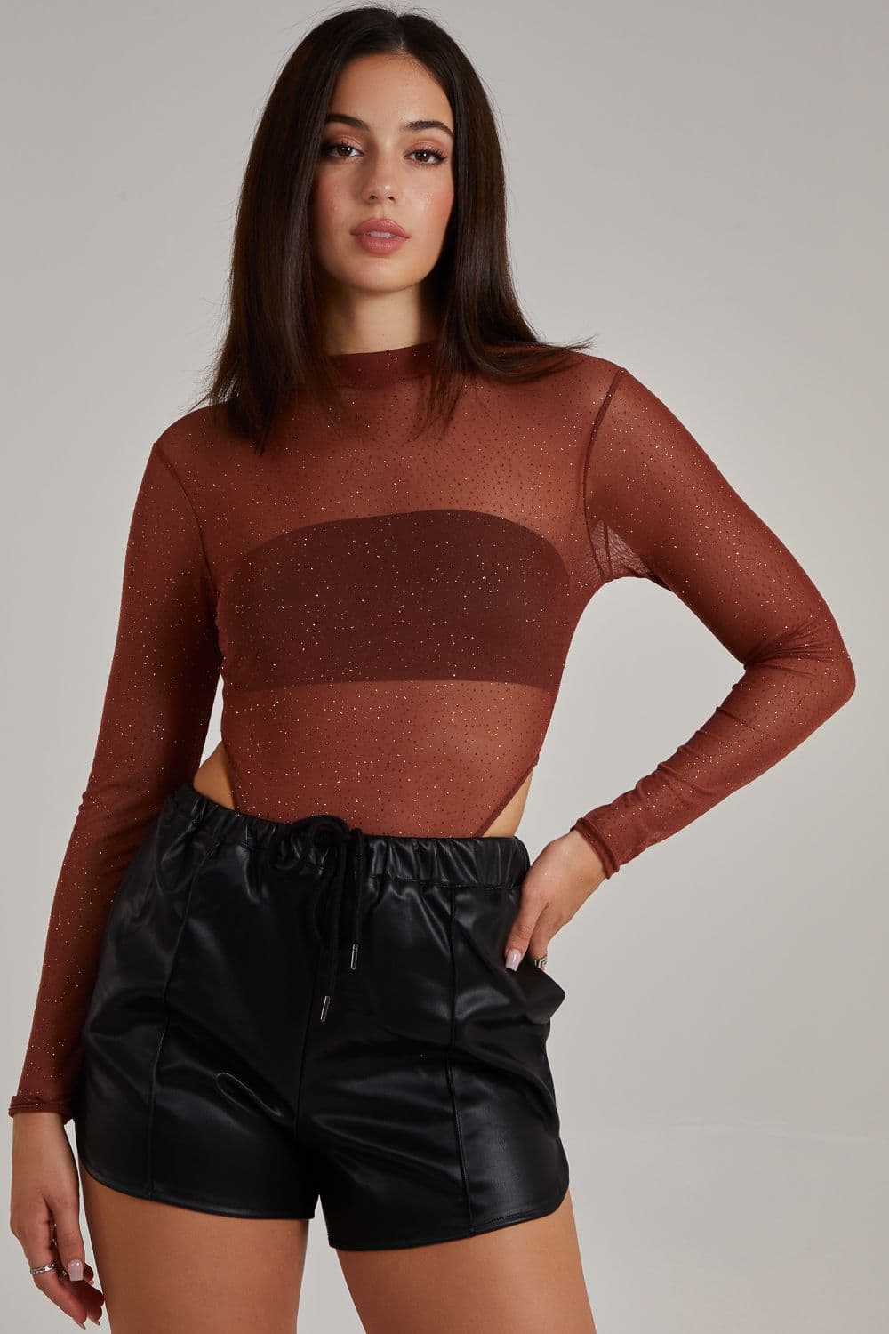 Pink Vanilla Women's Glitter Long Sleeve Bodysuit in Chocolate