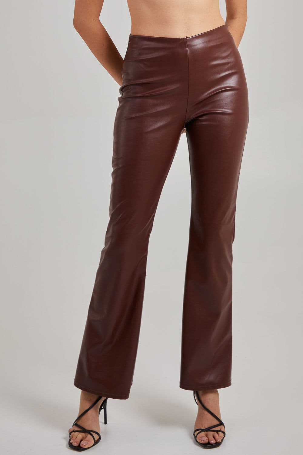 Pink Vanilla Women's Flare Leather Look Trousers in Chocolate