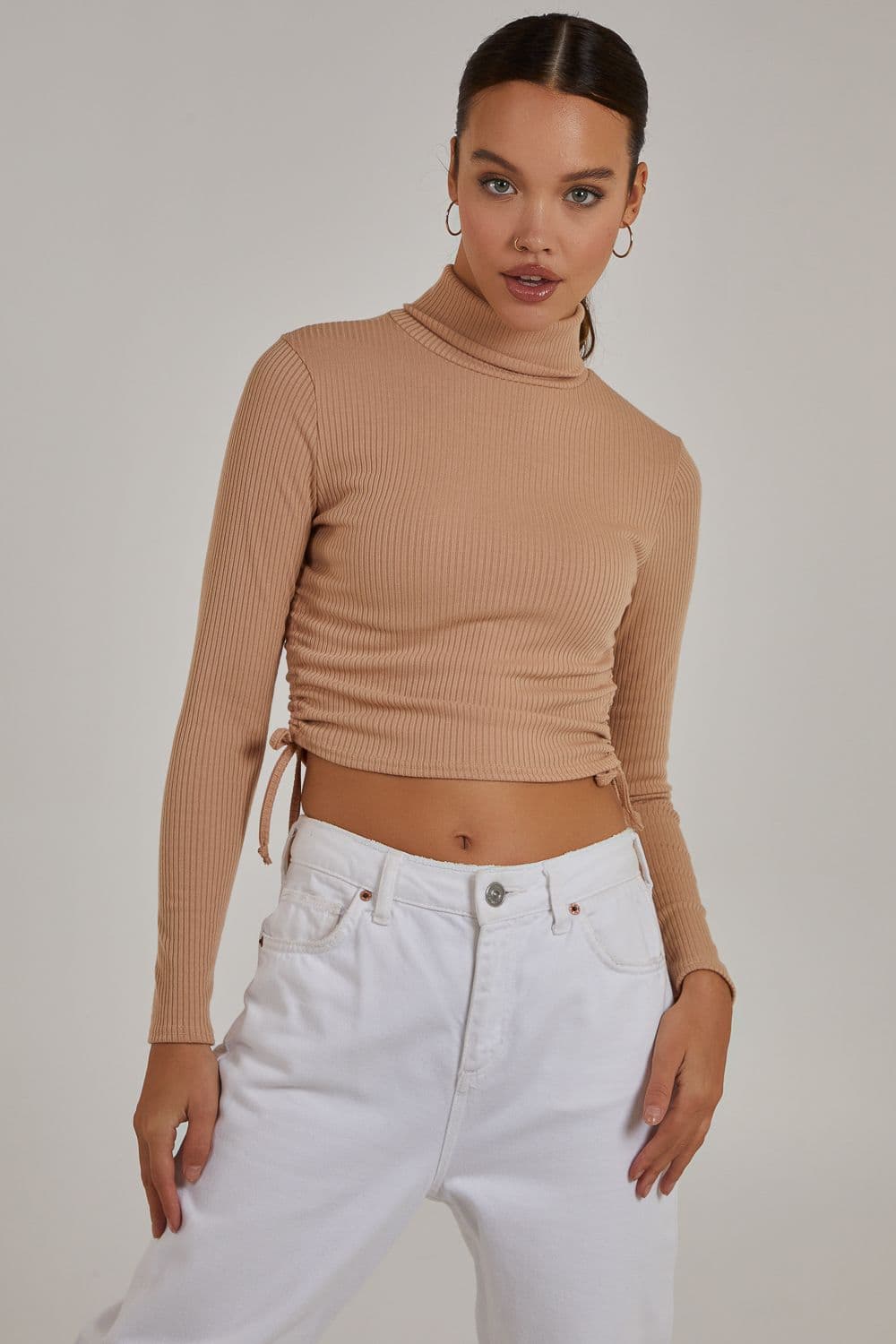 Pink Vanilla Women's Ruched High Neck Side Top in Stone