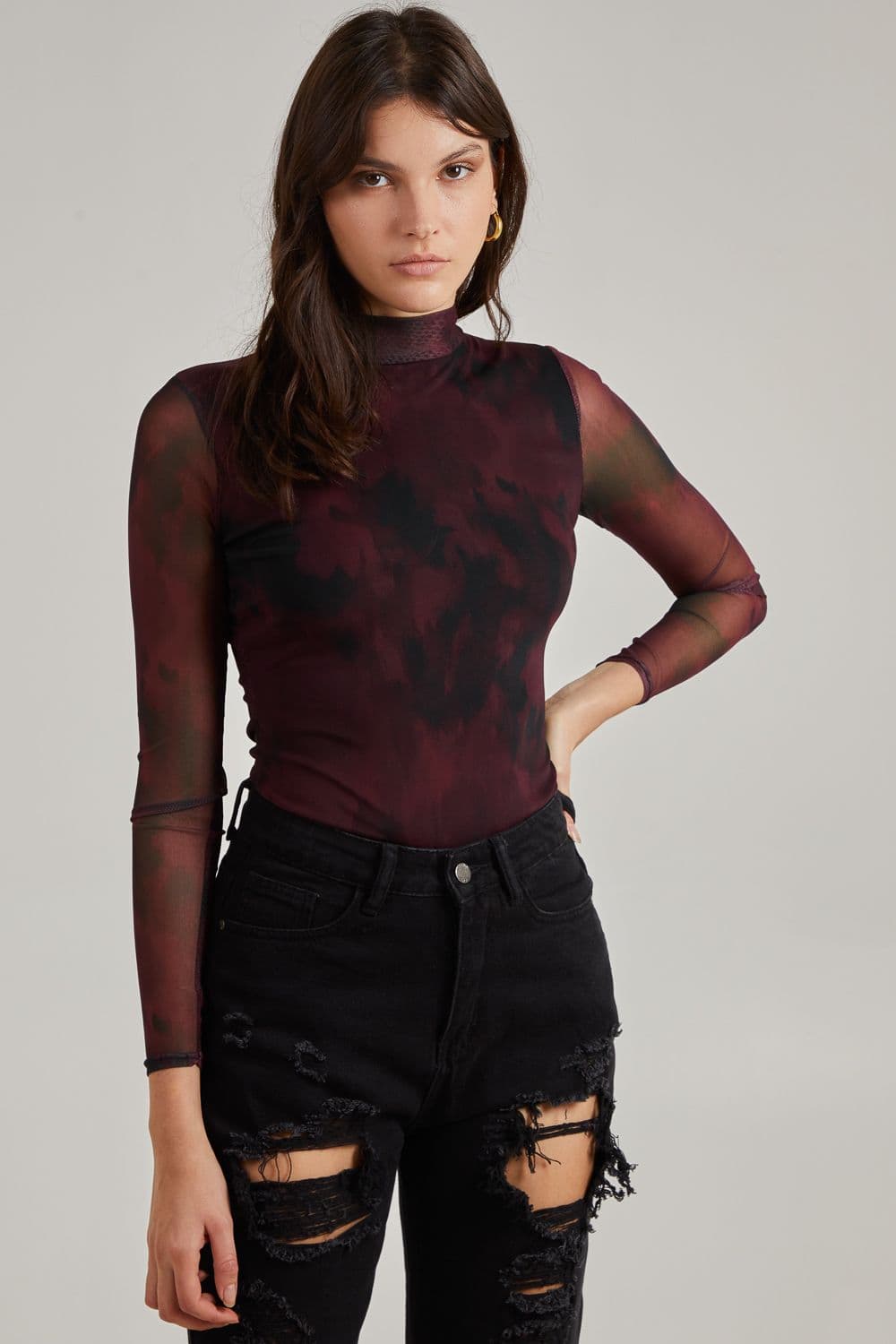 Pink Vanilla Women's Smudge Print Long Sleeve Mesh Bodysuit in Wine