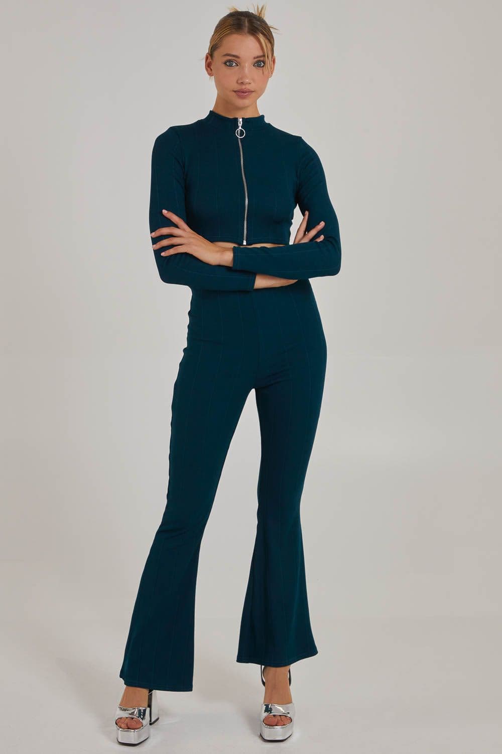 Pink Vanilla Women's Wide Ribbed Flare Trousers in Teal