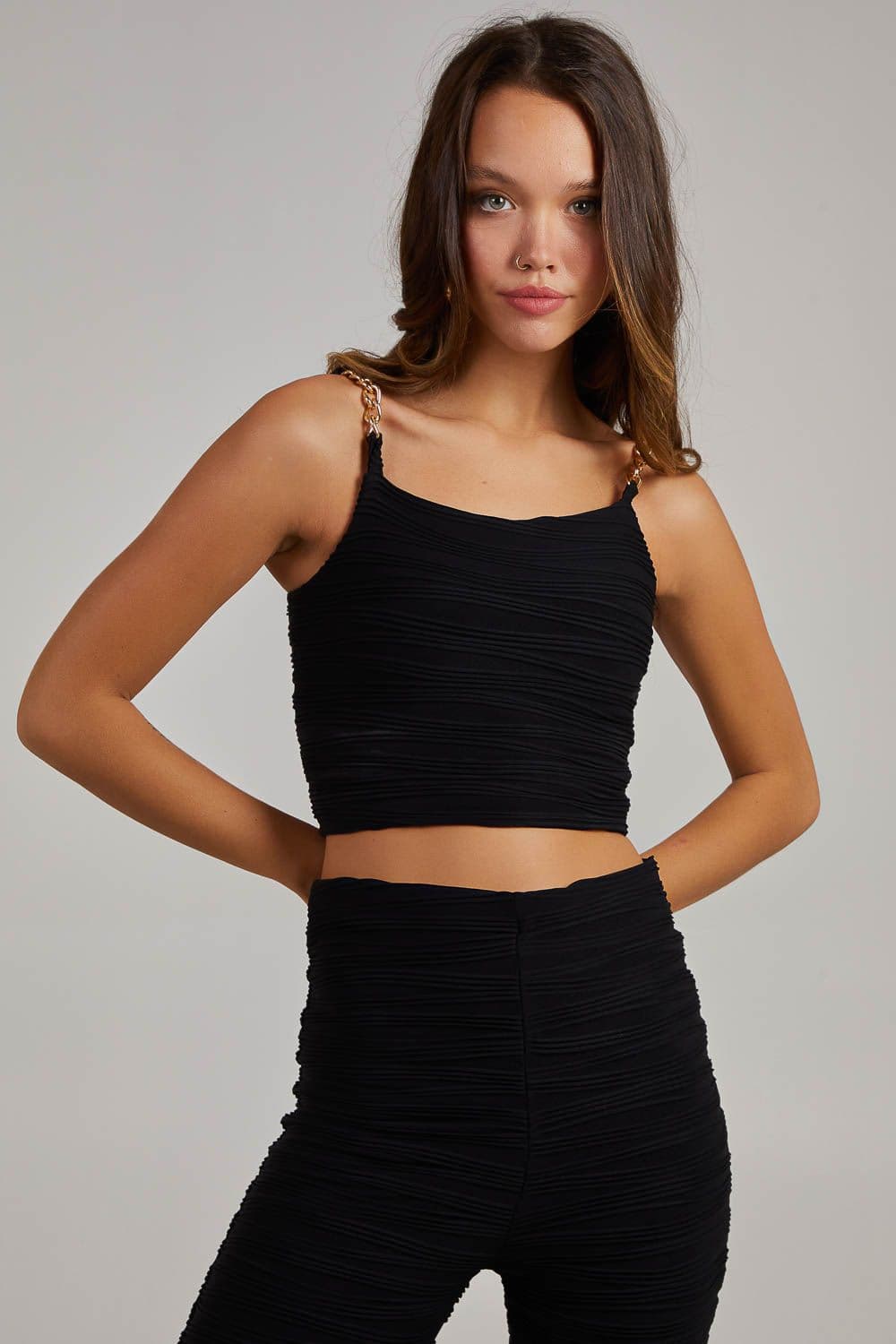 Pink Vanilla Women's Swirl Rib Gold Chain Top in Black