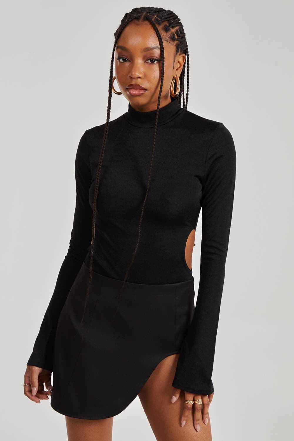 Pink Vanilla Women's Slinky Cut Out Flare Sleeve Bodysuit in Black