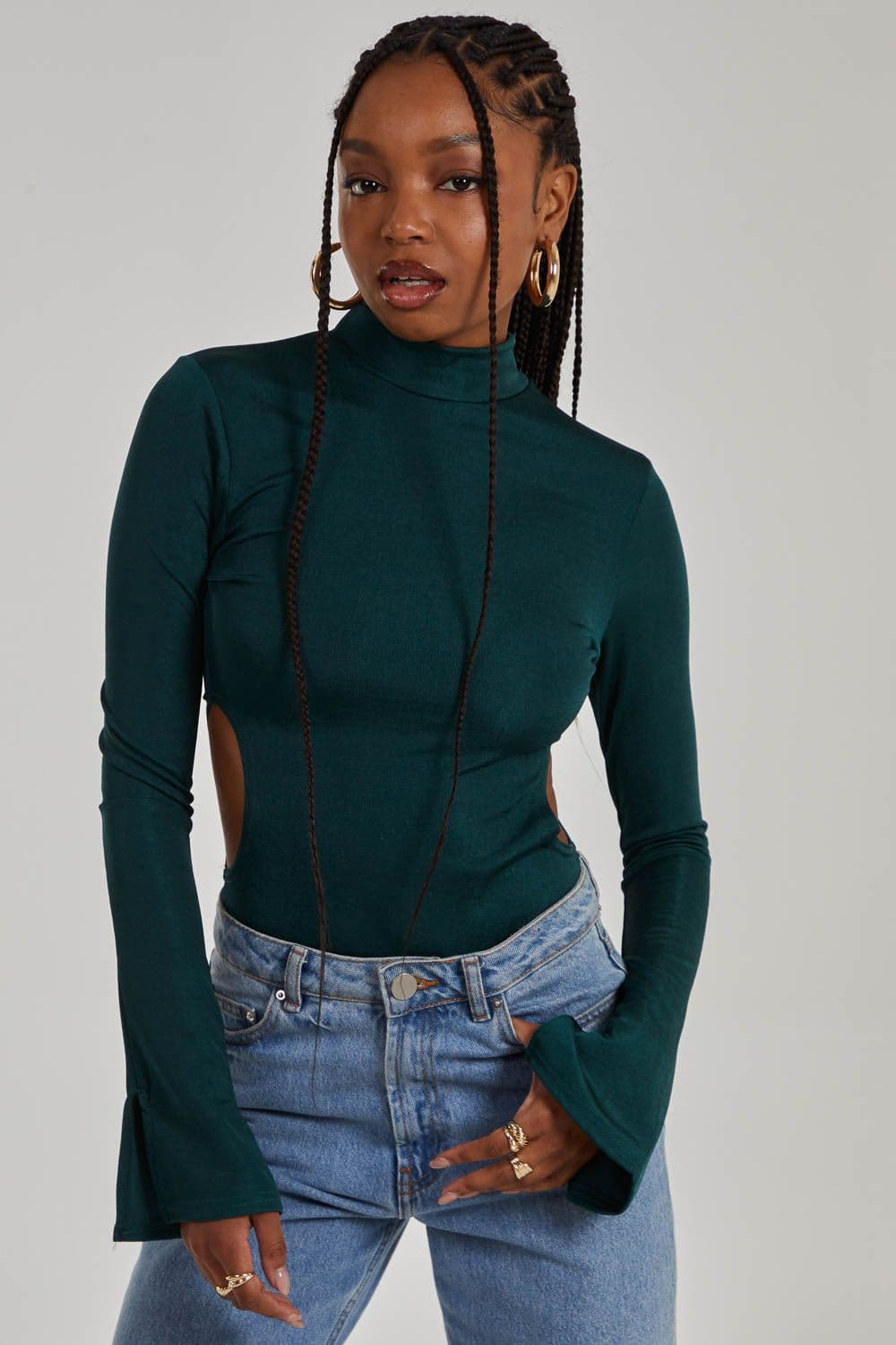 Pink Vanilla Women's Slinky Cut Out Flare Sleeve Bodysuit in Green