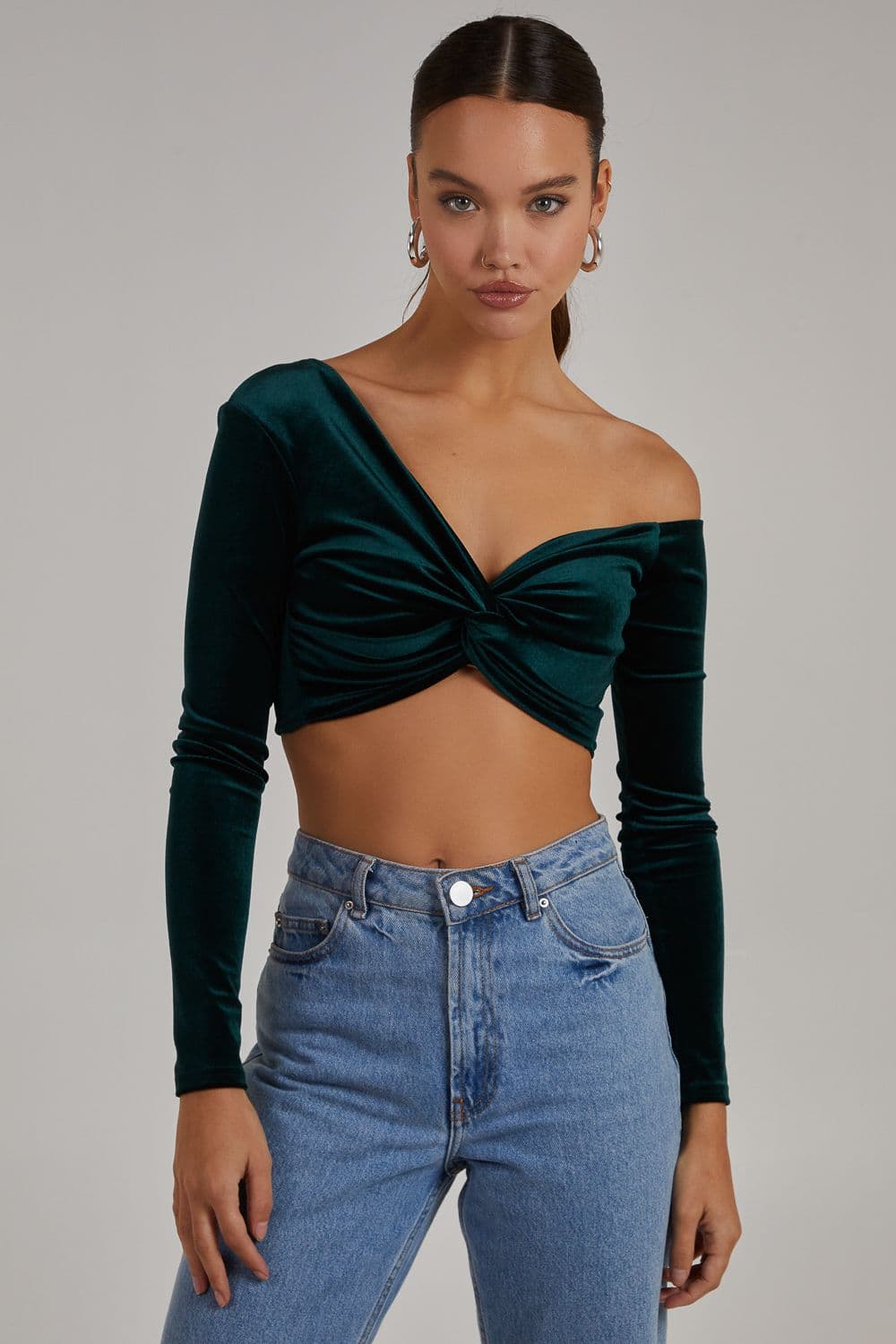 Pink Vanilla Women's Velvet Twist Front One Shoulder Top in Bottle Green