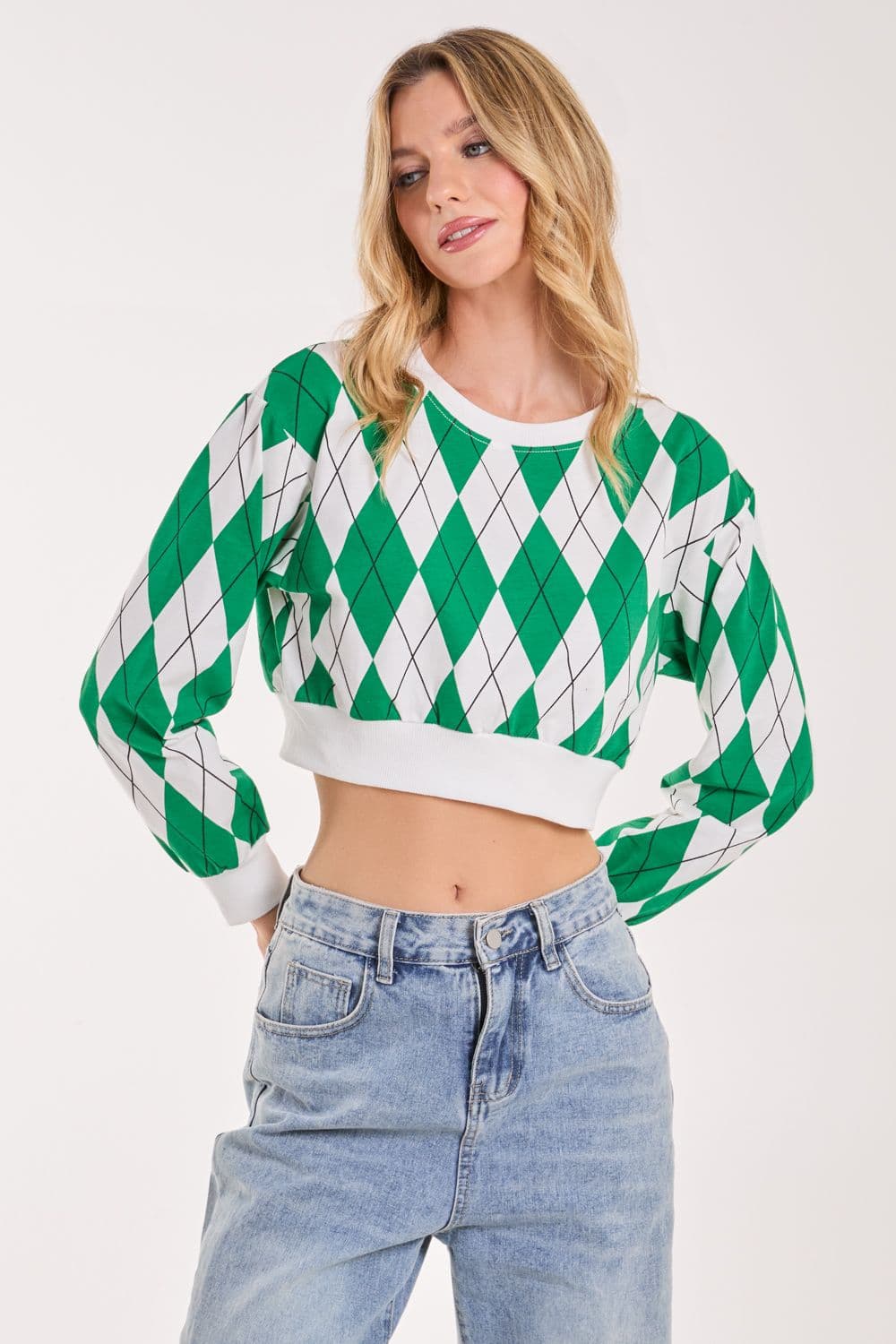Pink Vanilla Women's Long Sleeve Diamond Top in Green