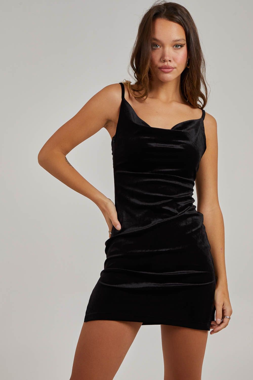 Pink Vanilla Women's Cowl Neck Mini Dress With Split in Black