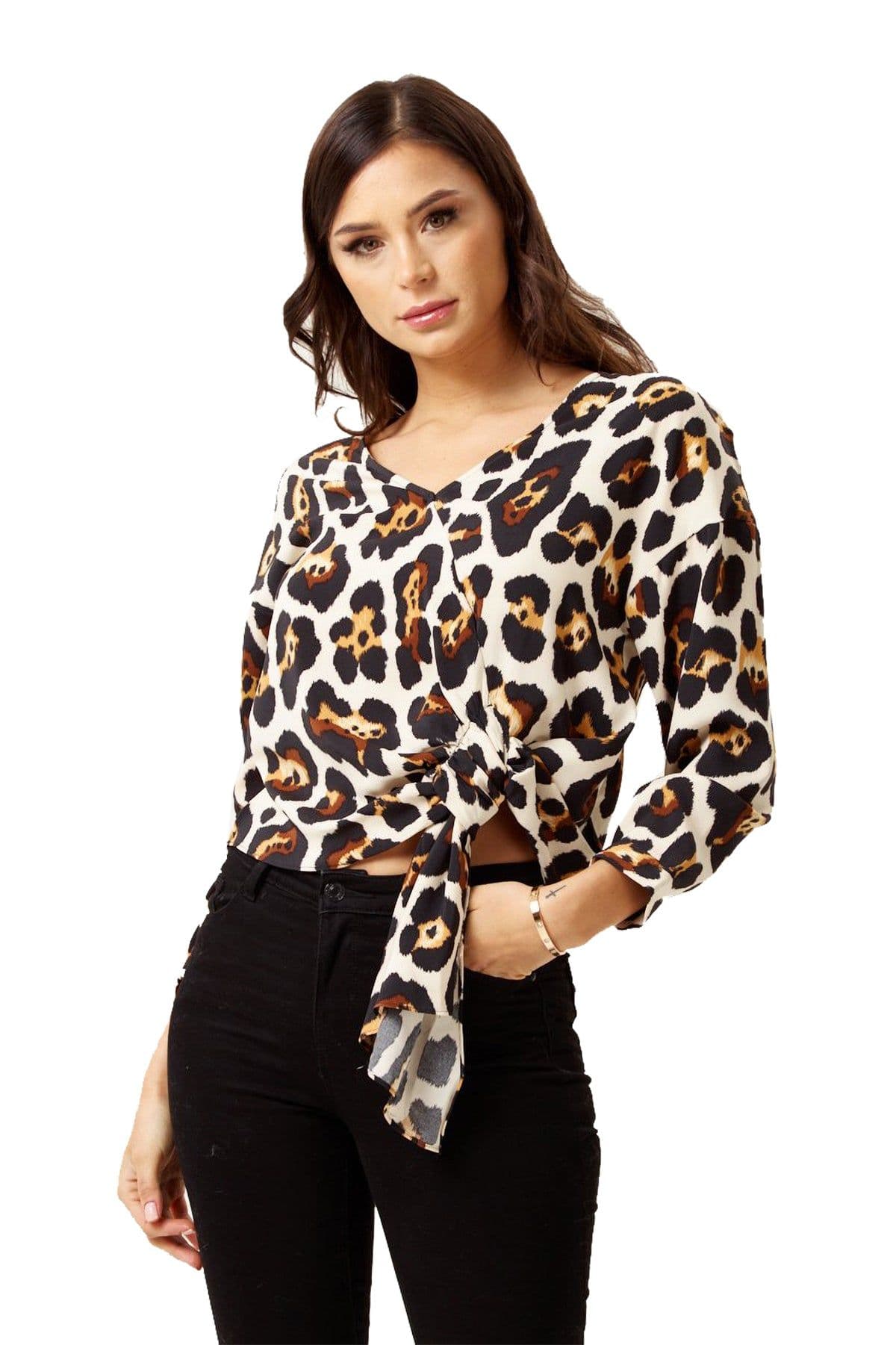 Liquorish Women's Tie Top in Animal Print with Long Sleeves