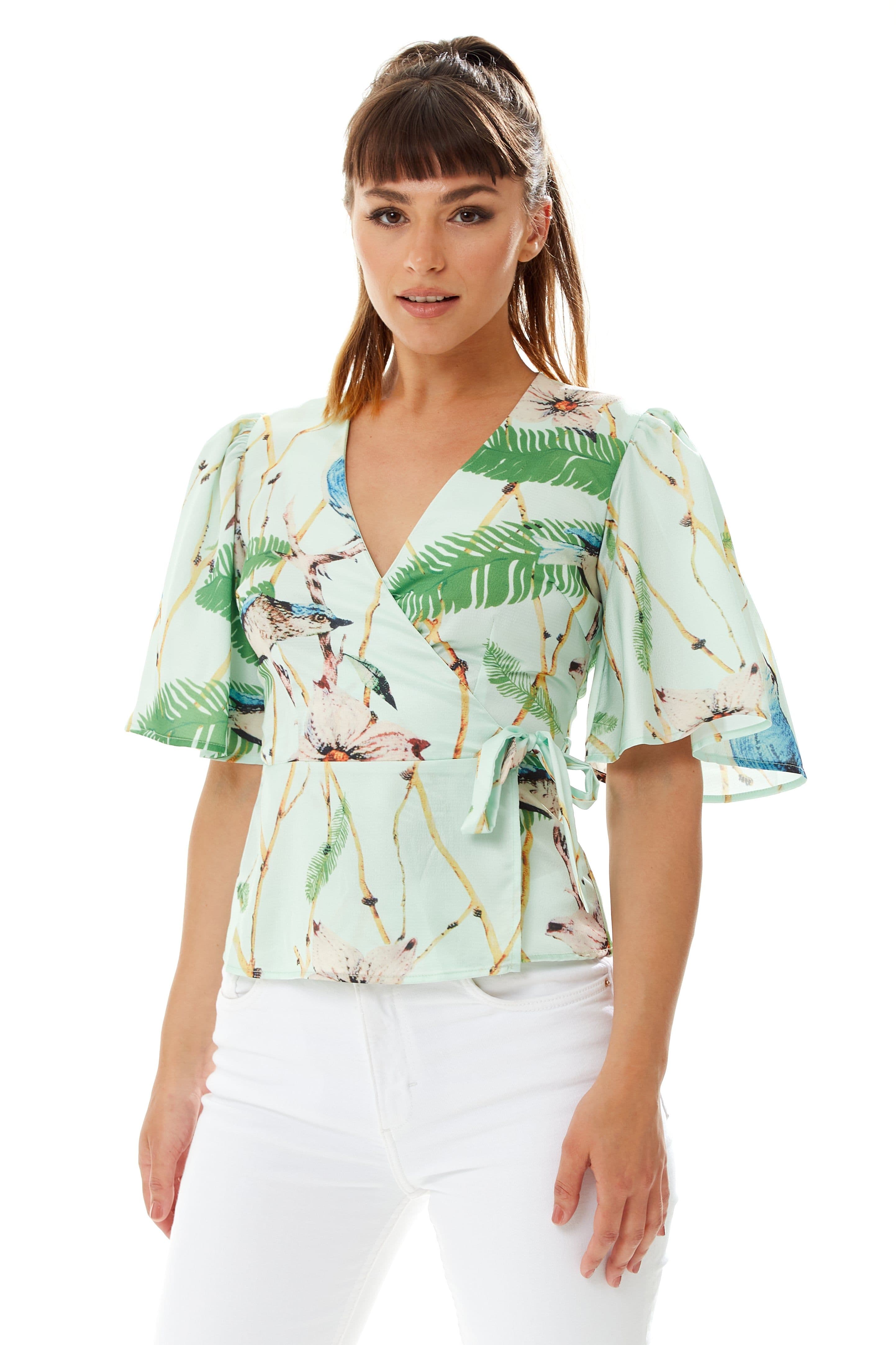 Liquorish Women's Bird Print Wrap Top in Mint Green