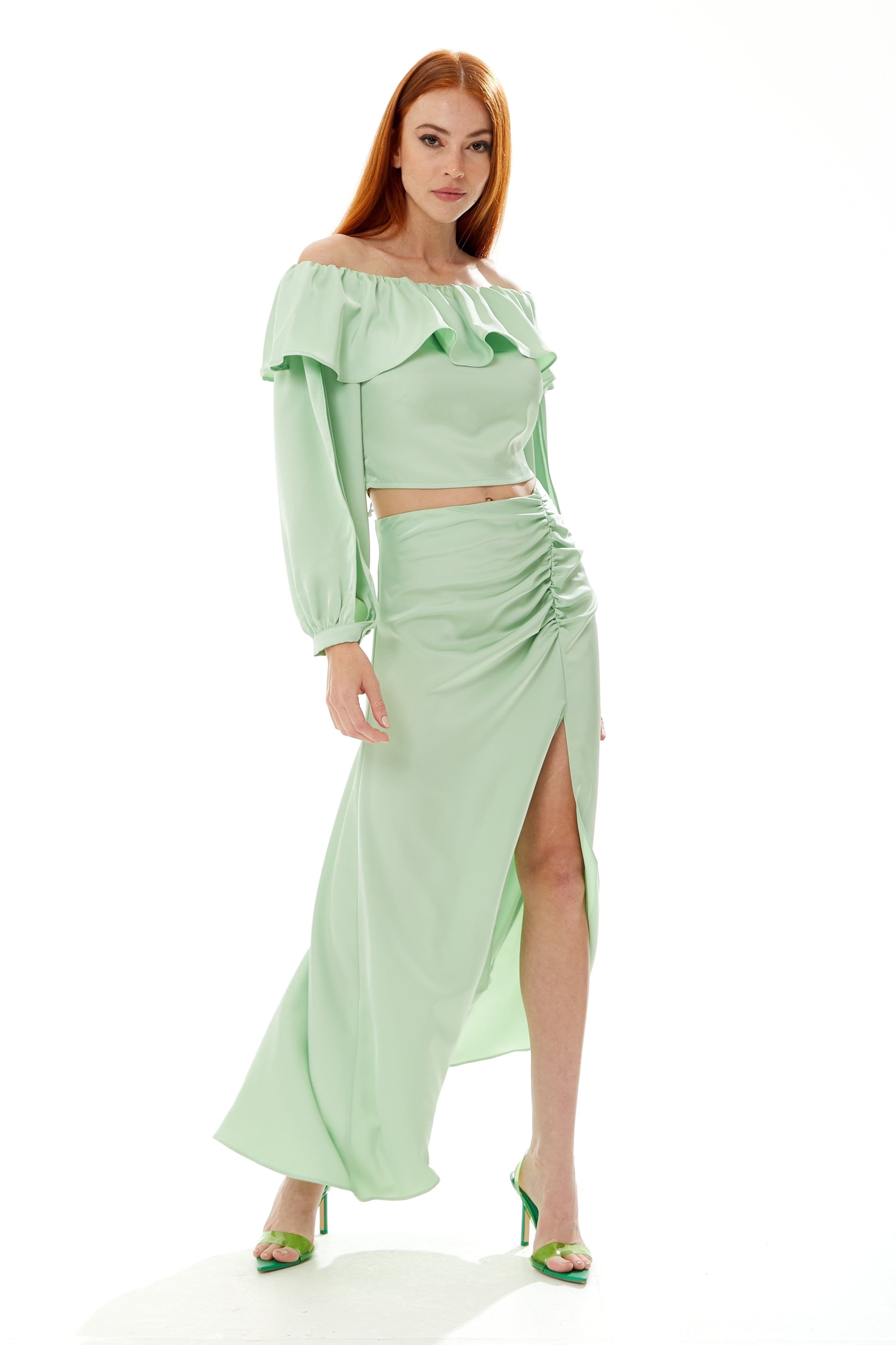 Liquorish Women's Ruffle Long Sleeve Off-Shoulder Top With Sleeve Slits In Mint Green