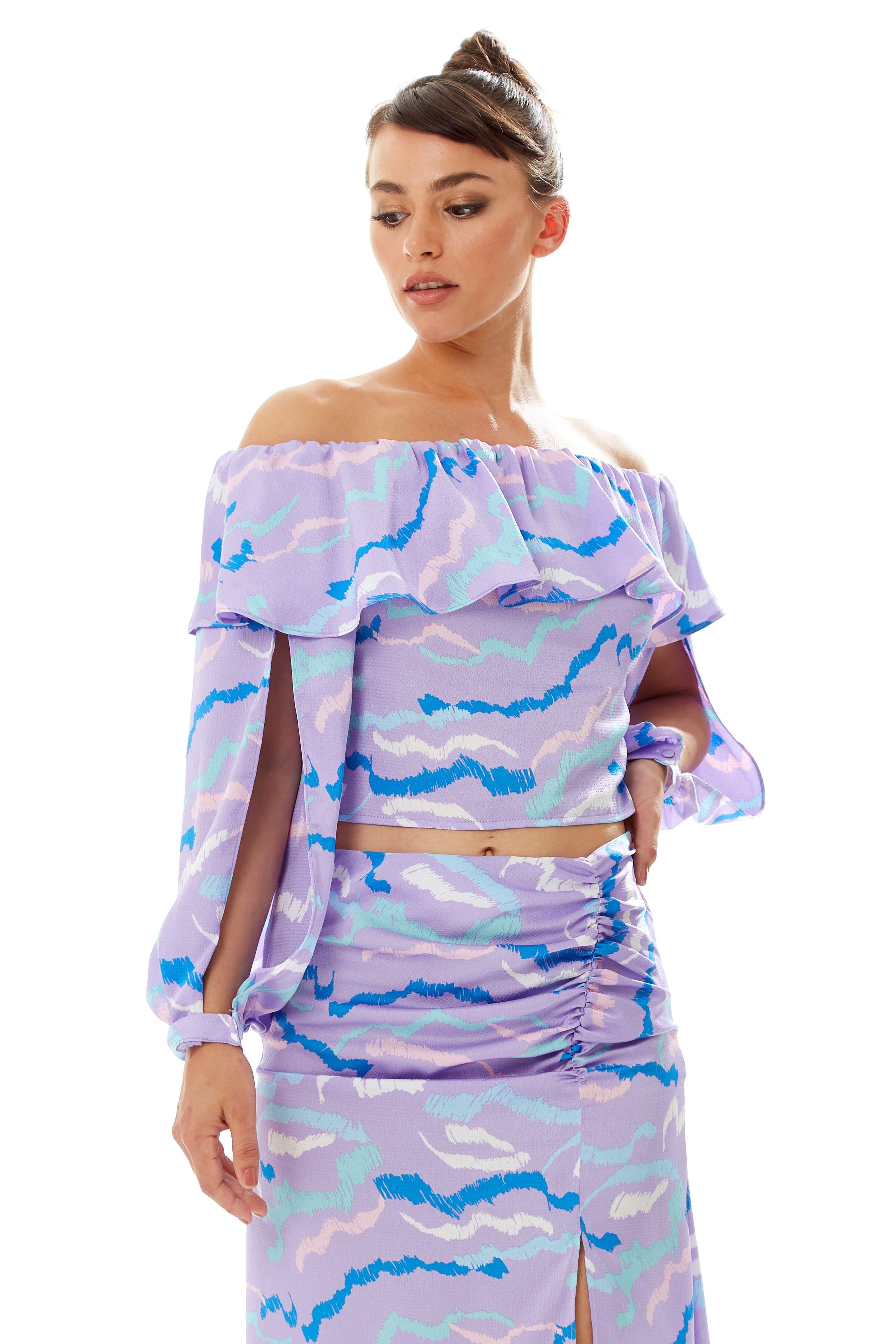 Liquorish Women's Ruffle Long Sleeve Off-The Shoulder Top With Sleeve Slits in Lilac in Purple