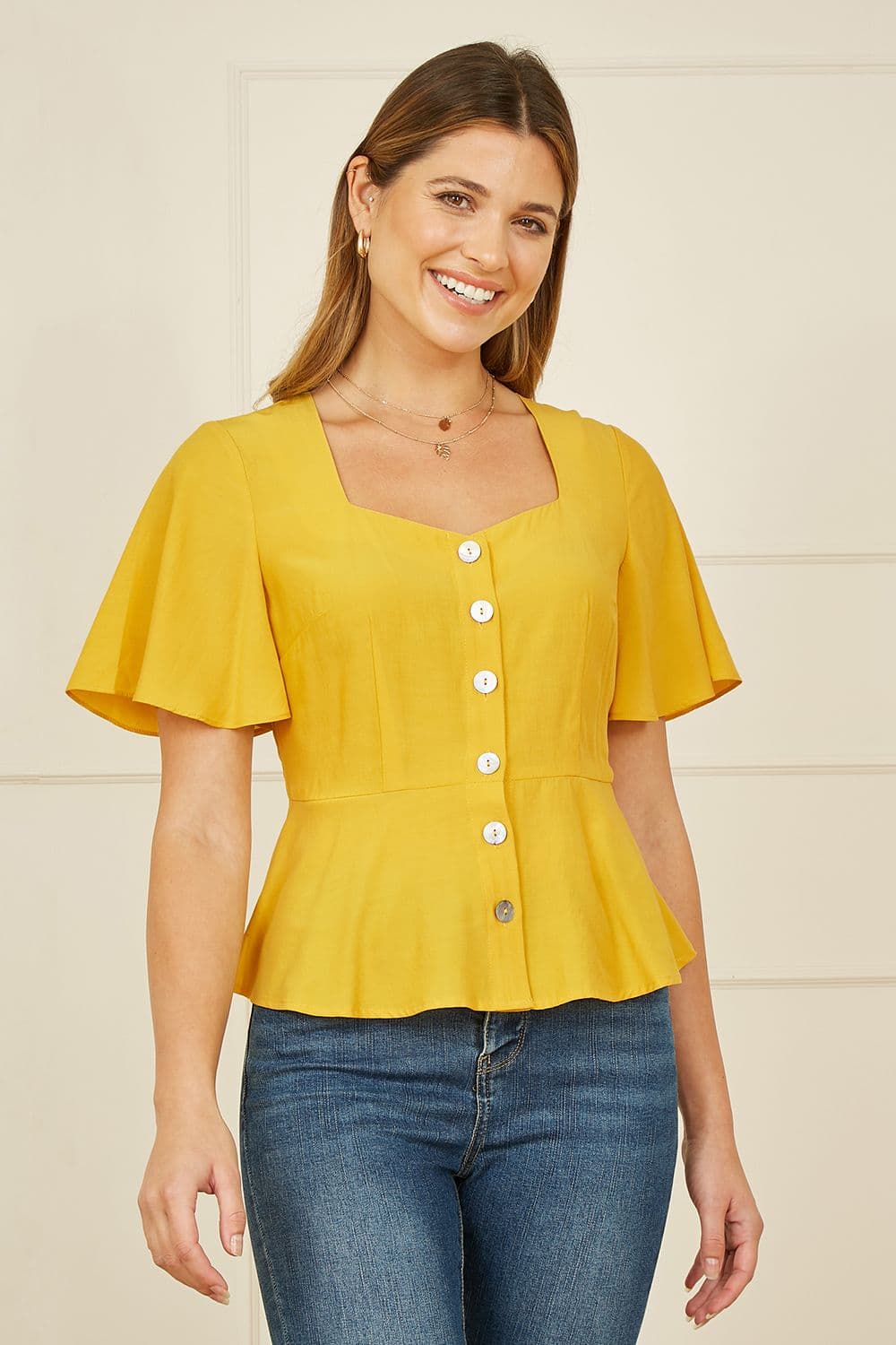 Yumi Women's Yellow Button Up Top