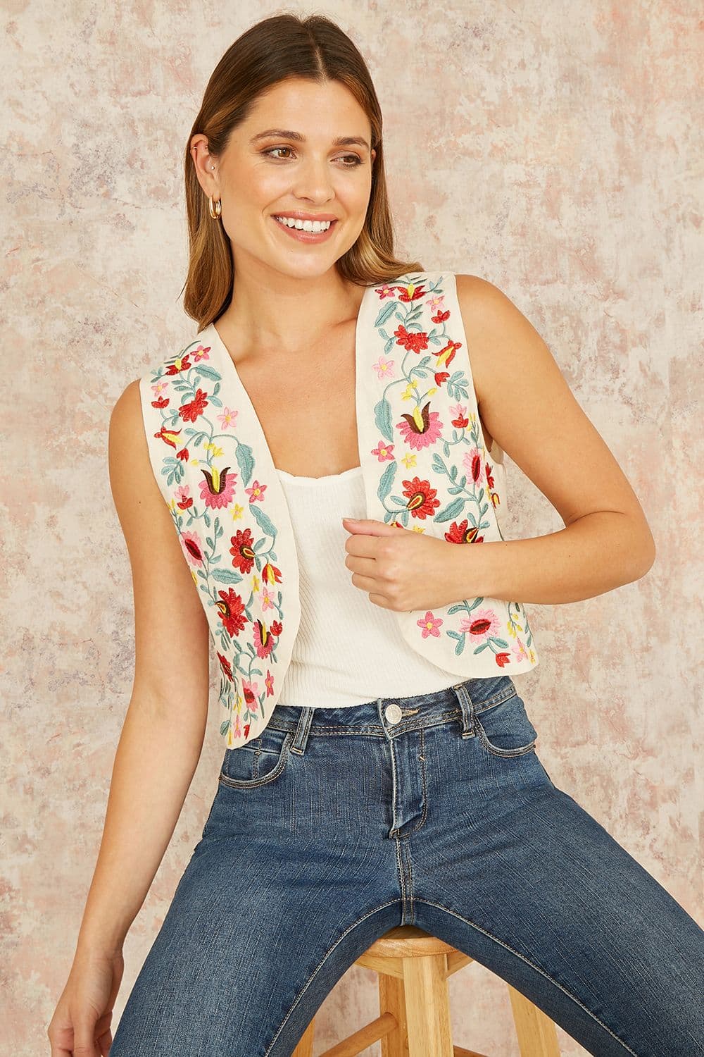Yumi Women's White Folk Embroidered Cotton Waist Coat