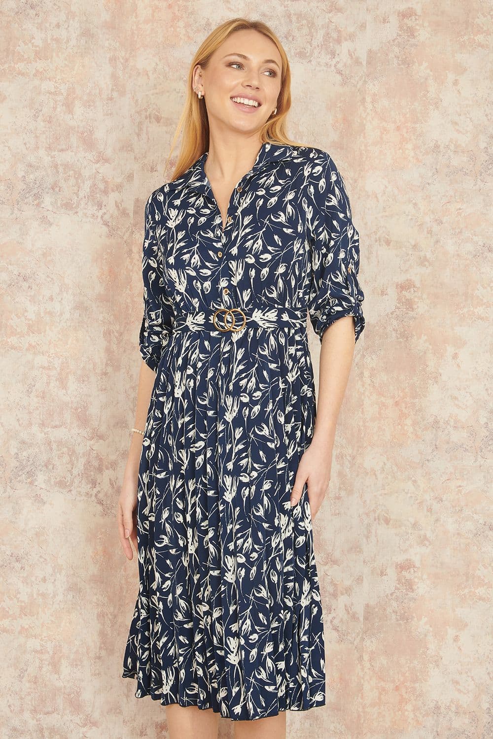 Yumi Women's Navy Floral Print Pleated Skater Dress With Buckle