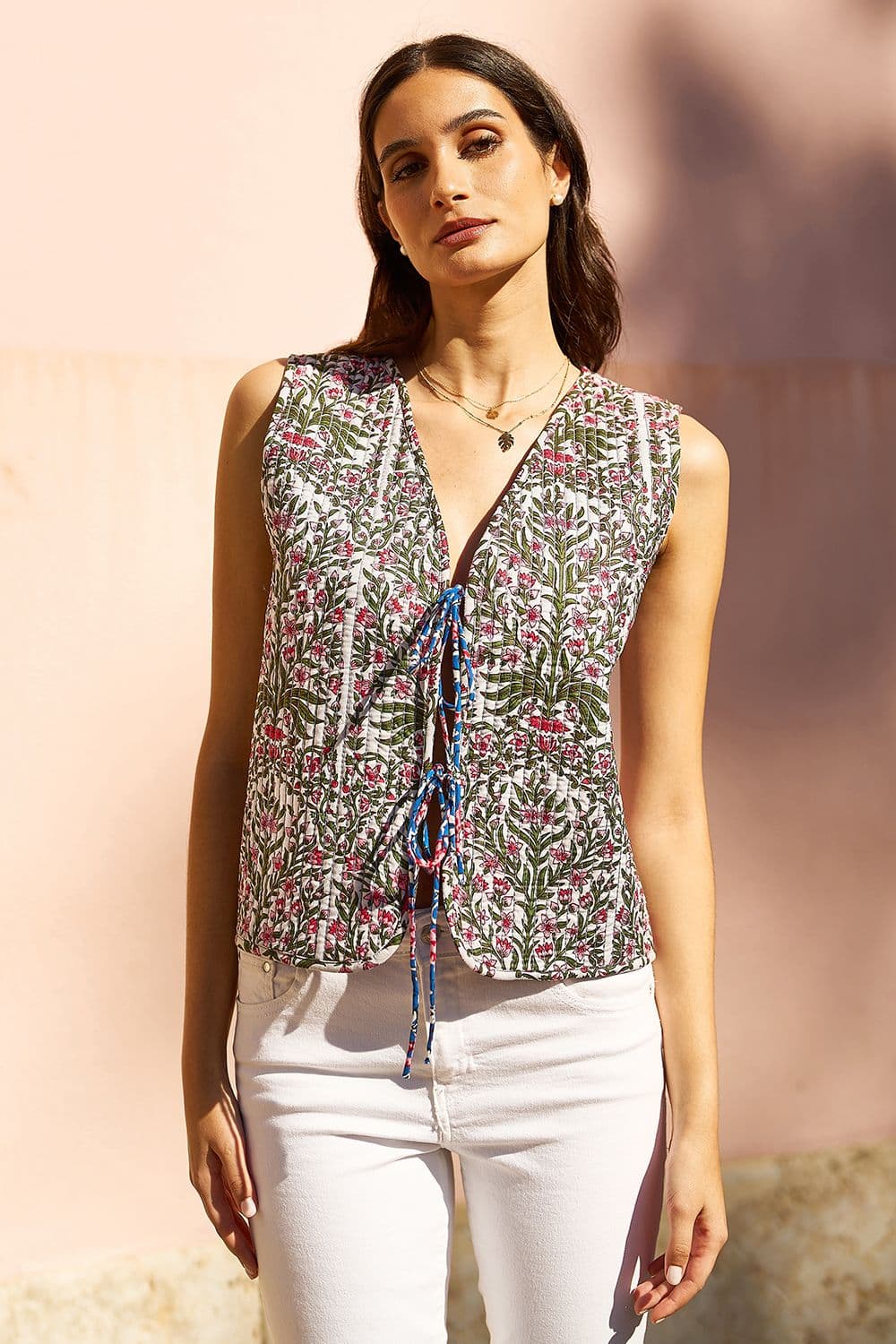 Yumi Women's Blue Flower Reversible Cotton Quilted Waistcoat