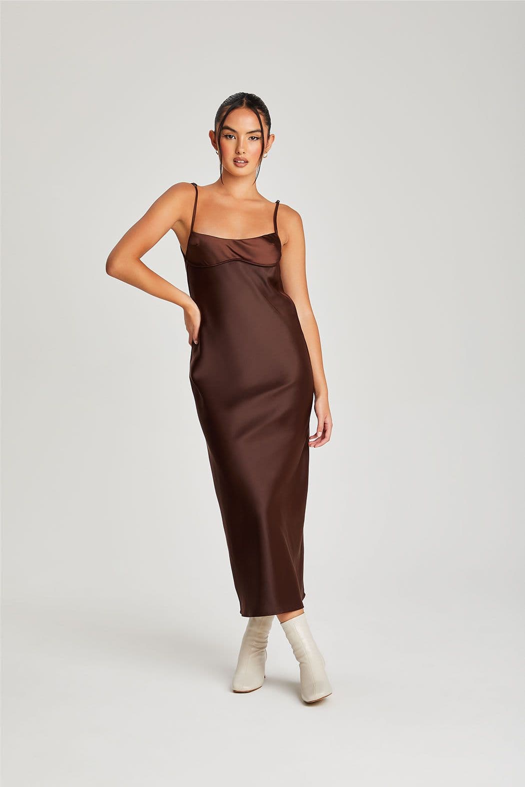 Urban Bliss Women's Satin Underbust Midi Dress in Chocolate