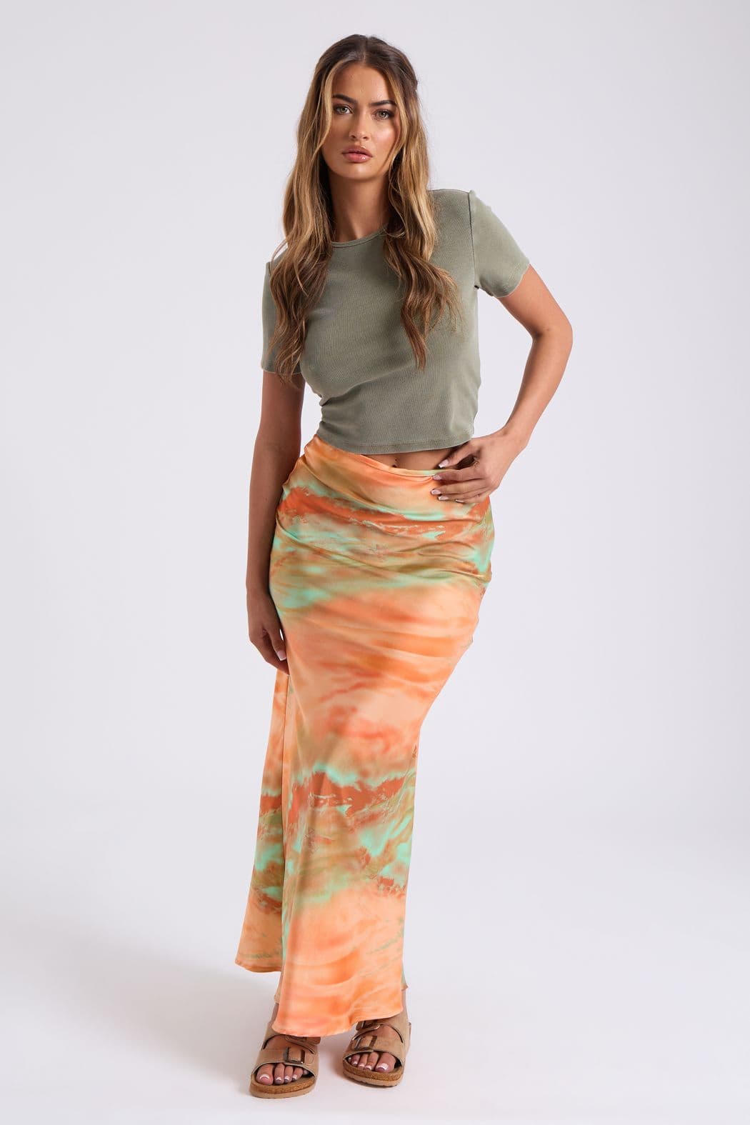 Urban Bliss Women's Tie Dye Bias Maxi Skirt in Orange