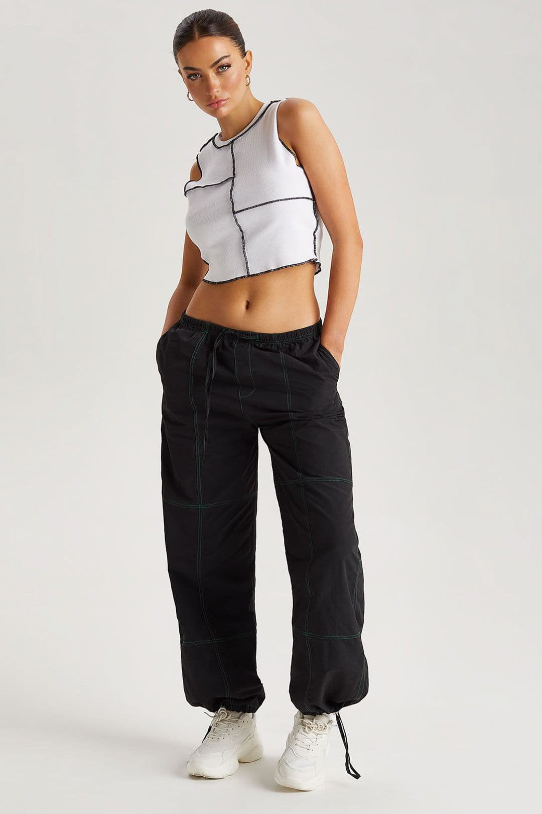 Urban Bliss Women's Contrast Stitch Parachute Cargo Trousers in Black
