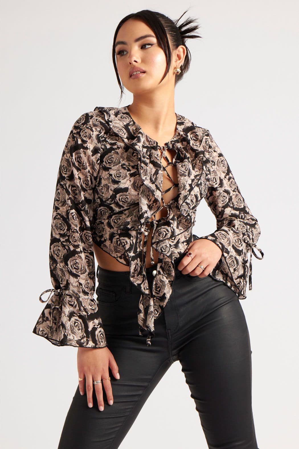 Urban Bliss Women's Floral Lattice Front Top in Black