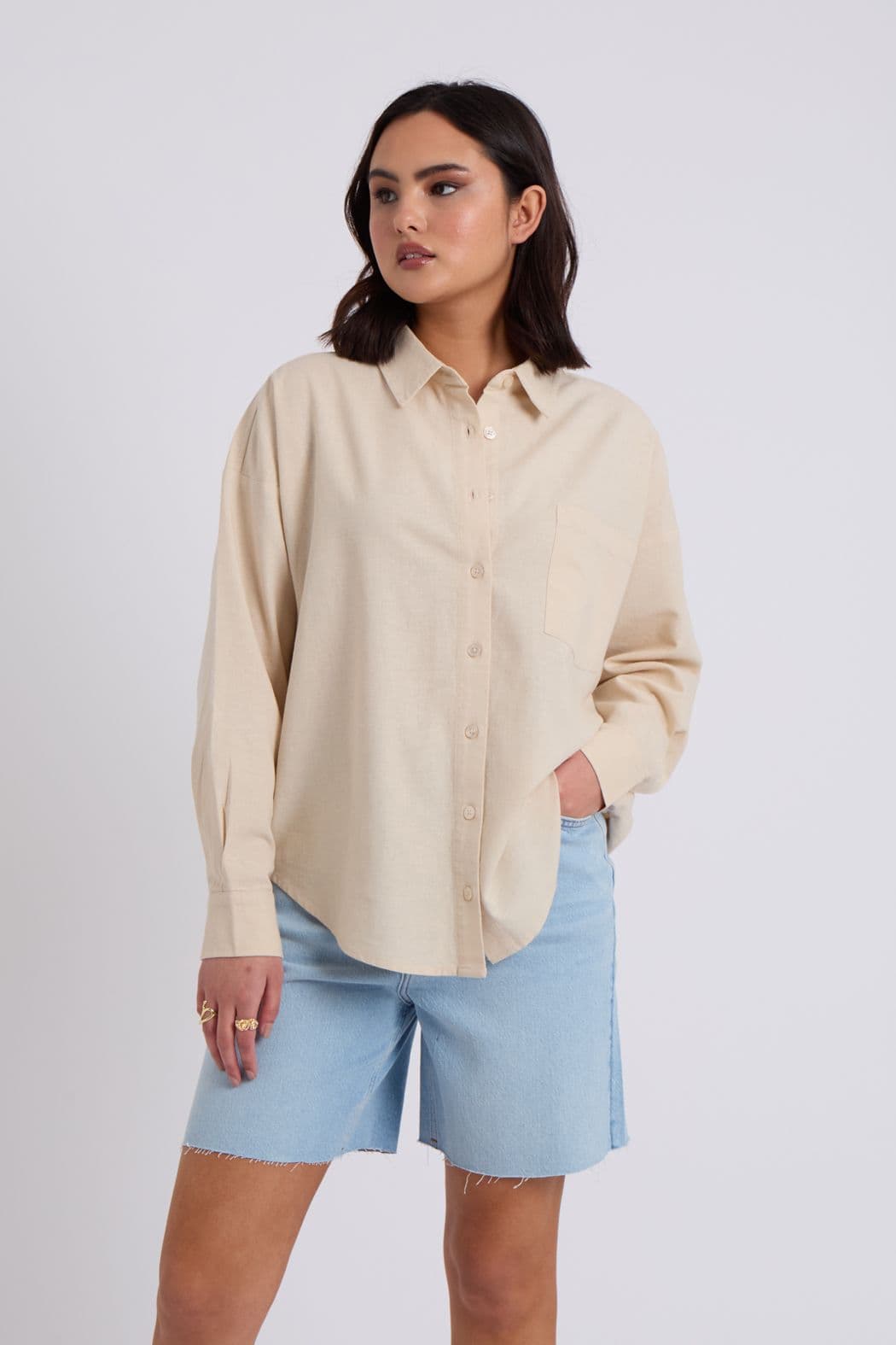 Urban Bliss Women's Linen Blend Oversized Shirt in Beige