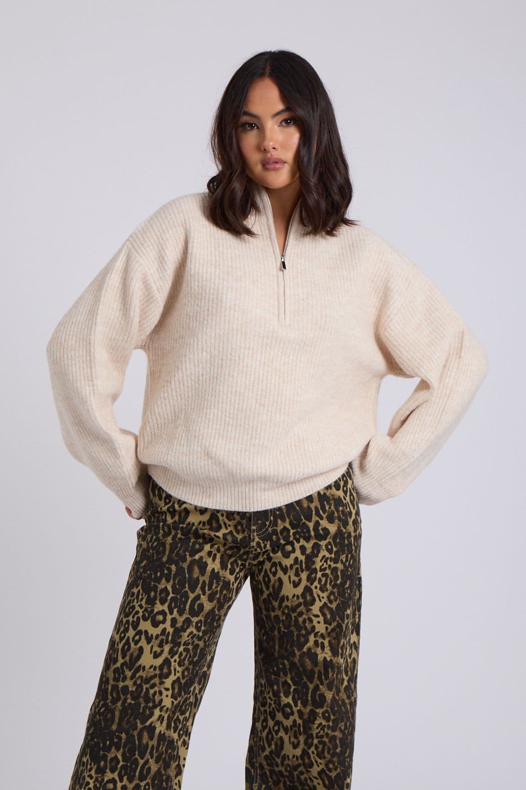 Urban Bliss Women's Ribbed Oversized Half Zip Jumper in Stone