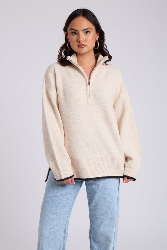 Urban Bliss Women's Contrast Half Zip Jumper in Beige