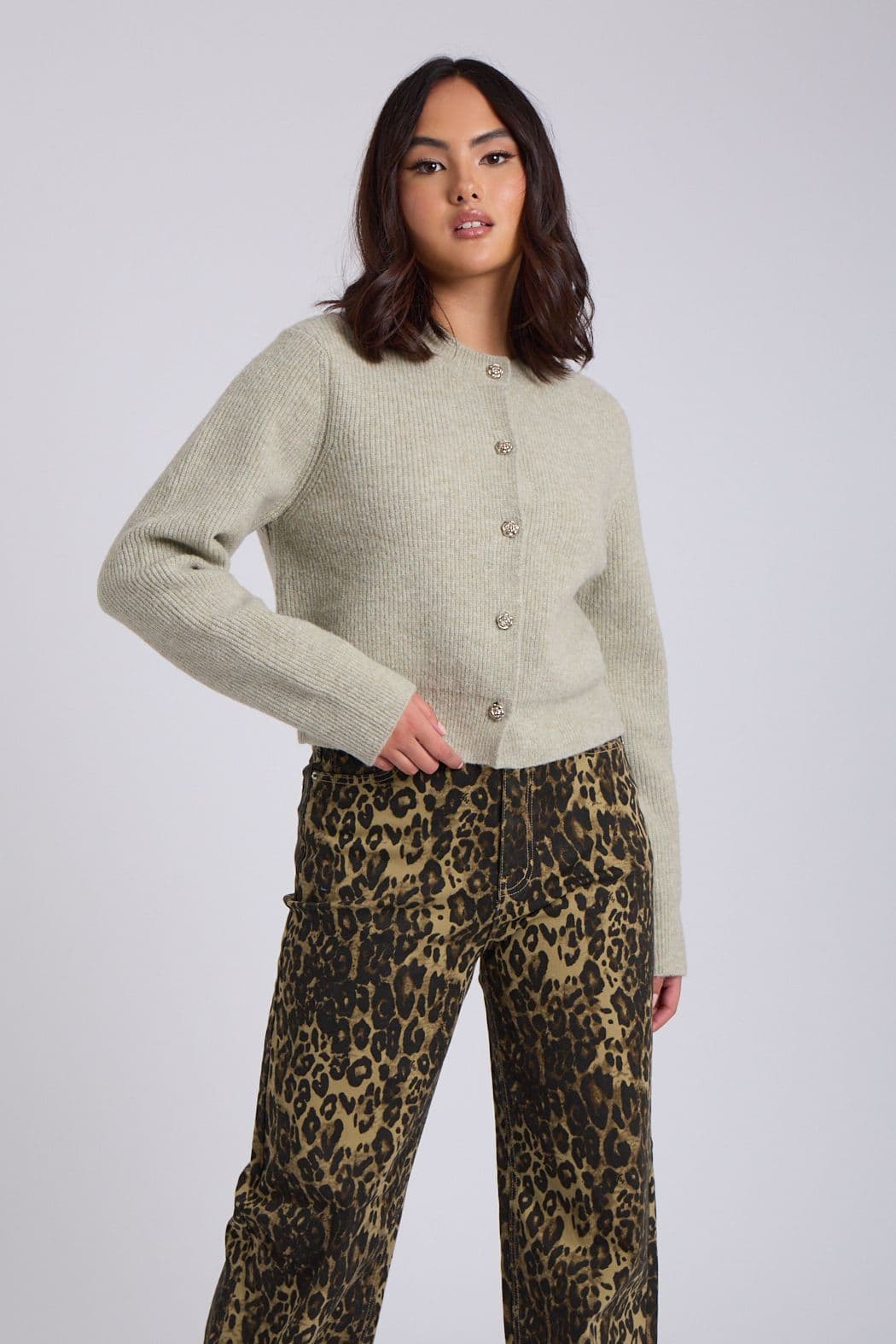 Urban Bliss Women's Black Floral Button Cropped Cardigan in Pale Green