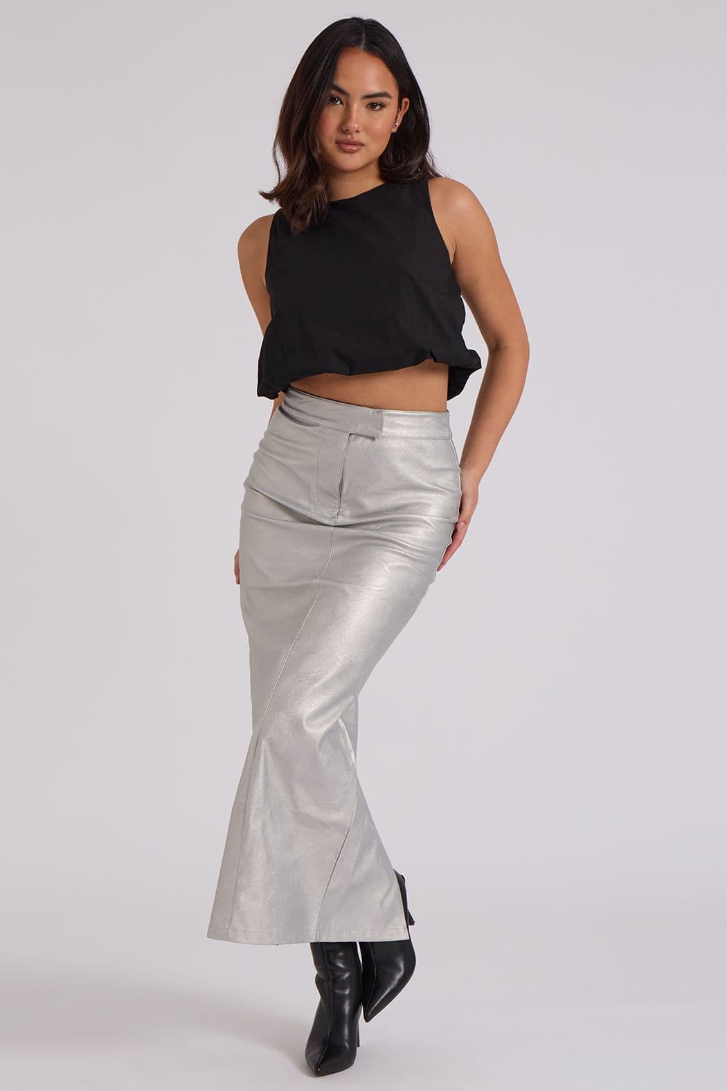 Urban Bliss Women's PU Split Back Maxi Skirt in Silver