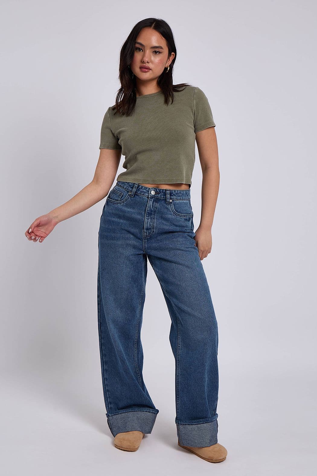 Urban Bliss Women's Turn Up Jeans in Mid Blue
