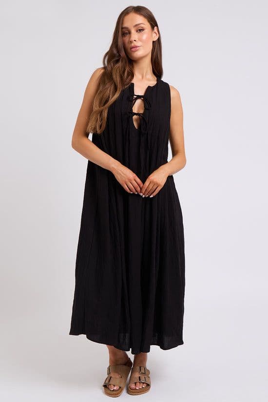 Urban Bliss Women's Linen Look Tie Front Maxi Dress in Black