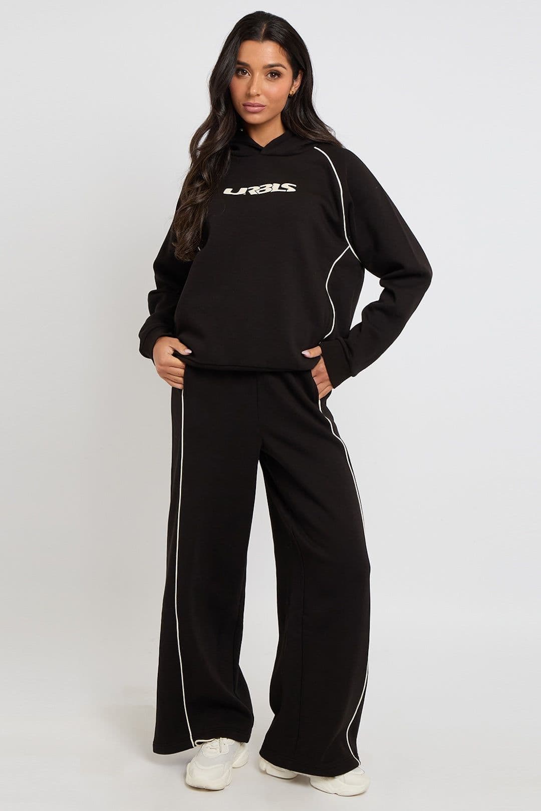 Urban Bliss Women's Piped Wide Leg Joggers in Black