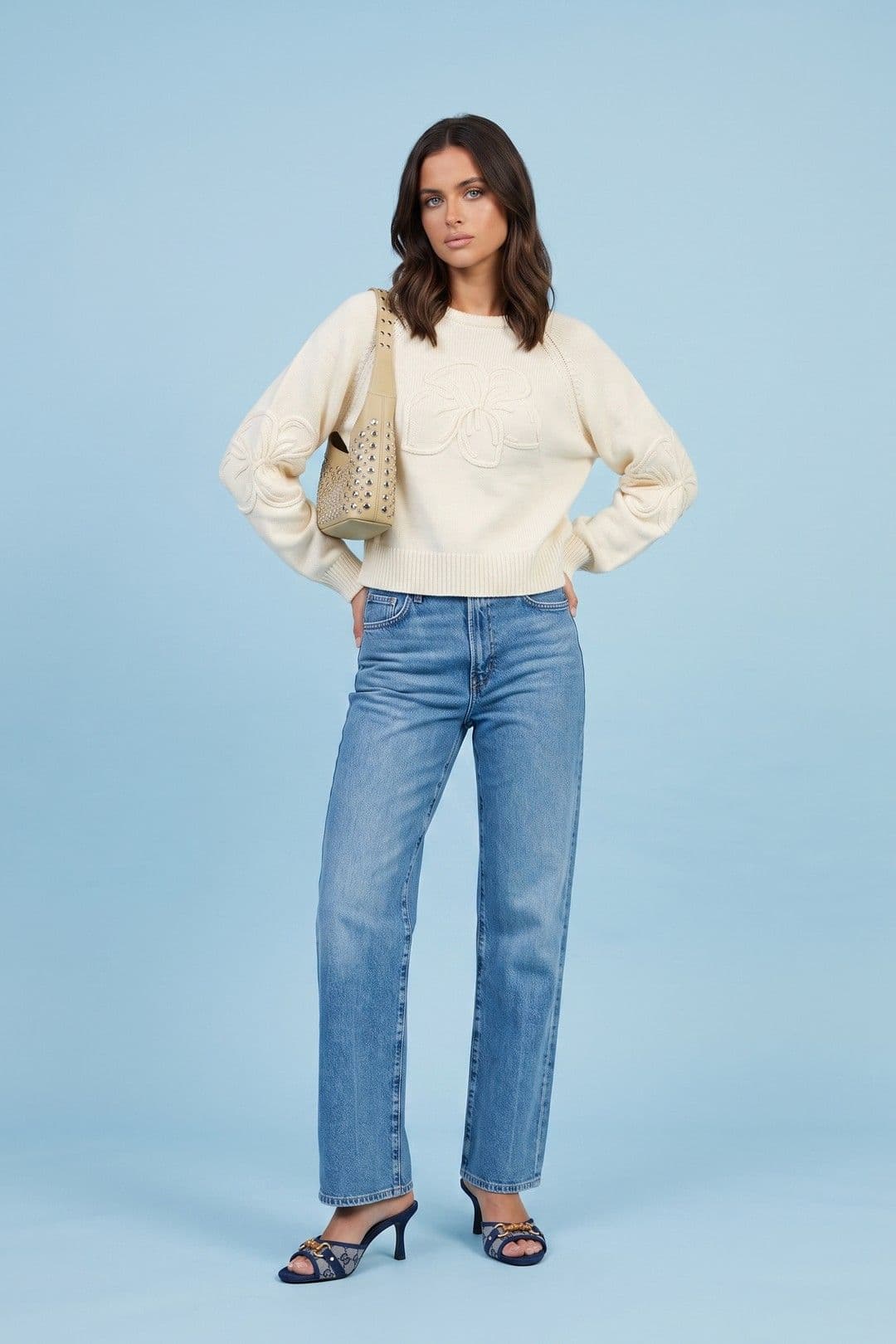 Urban Bliss Women's Embroidered Raglan Jumper in Cream