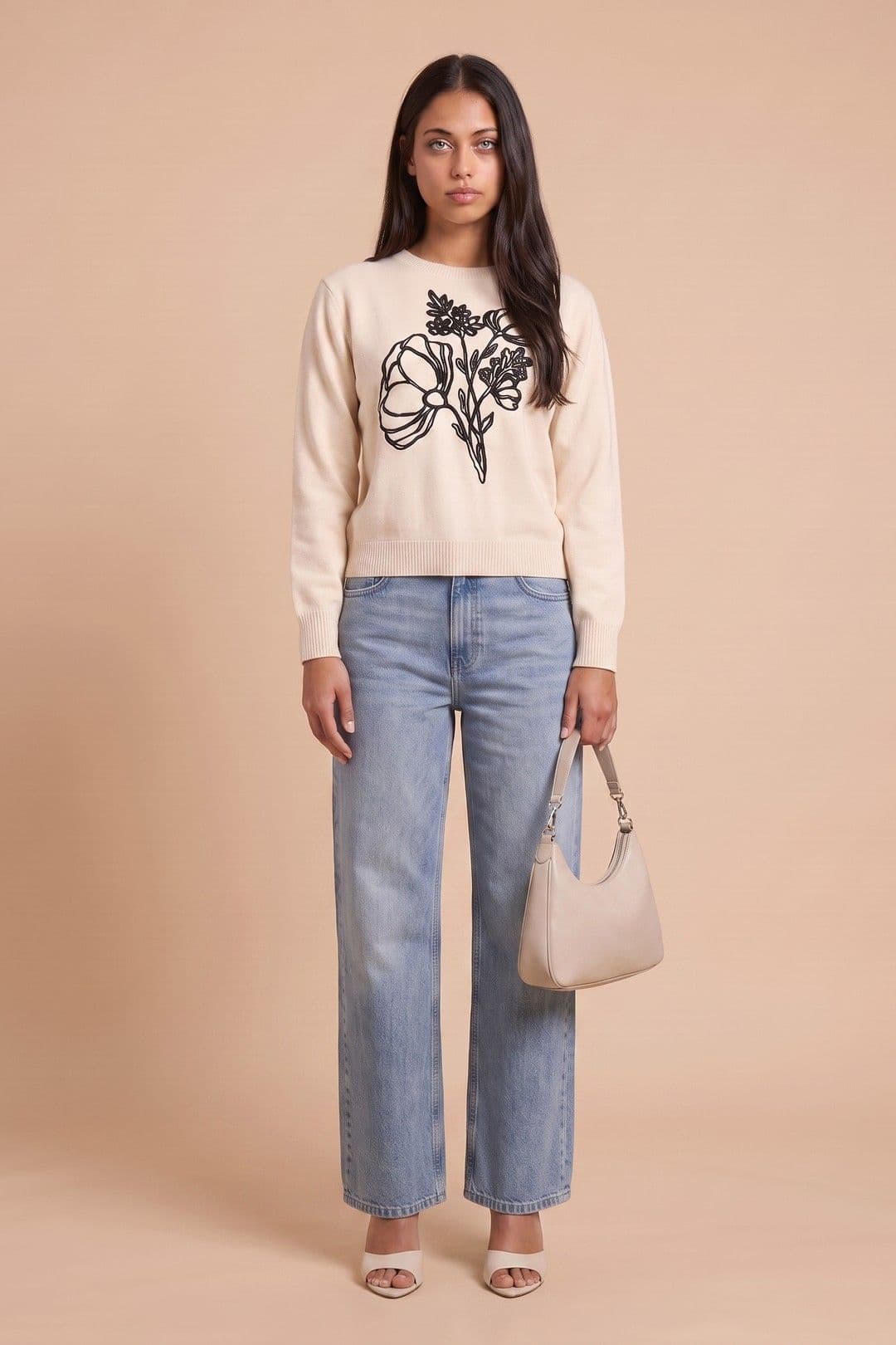 Urban Bliss Women's Wool Blend Embriodery Floral Jumper in Cream
