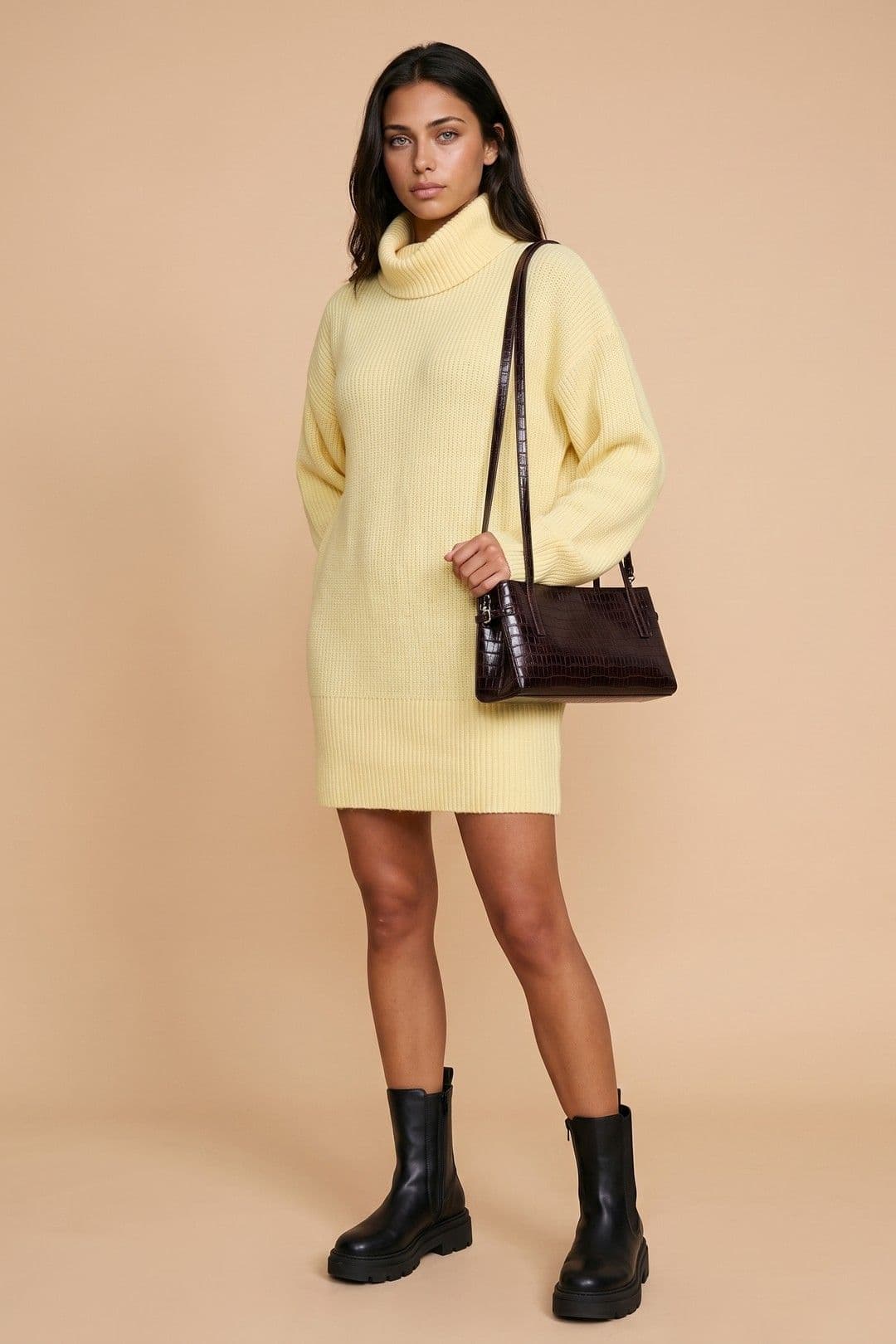Urban Bliss Women's Wool Blend Roll Neck Mini Dress in Lemon