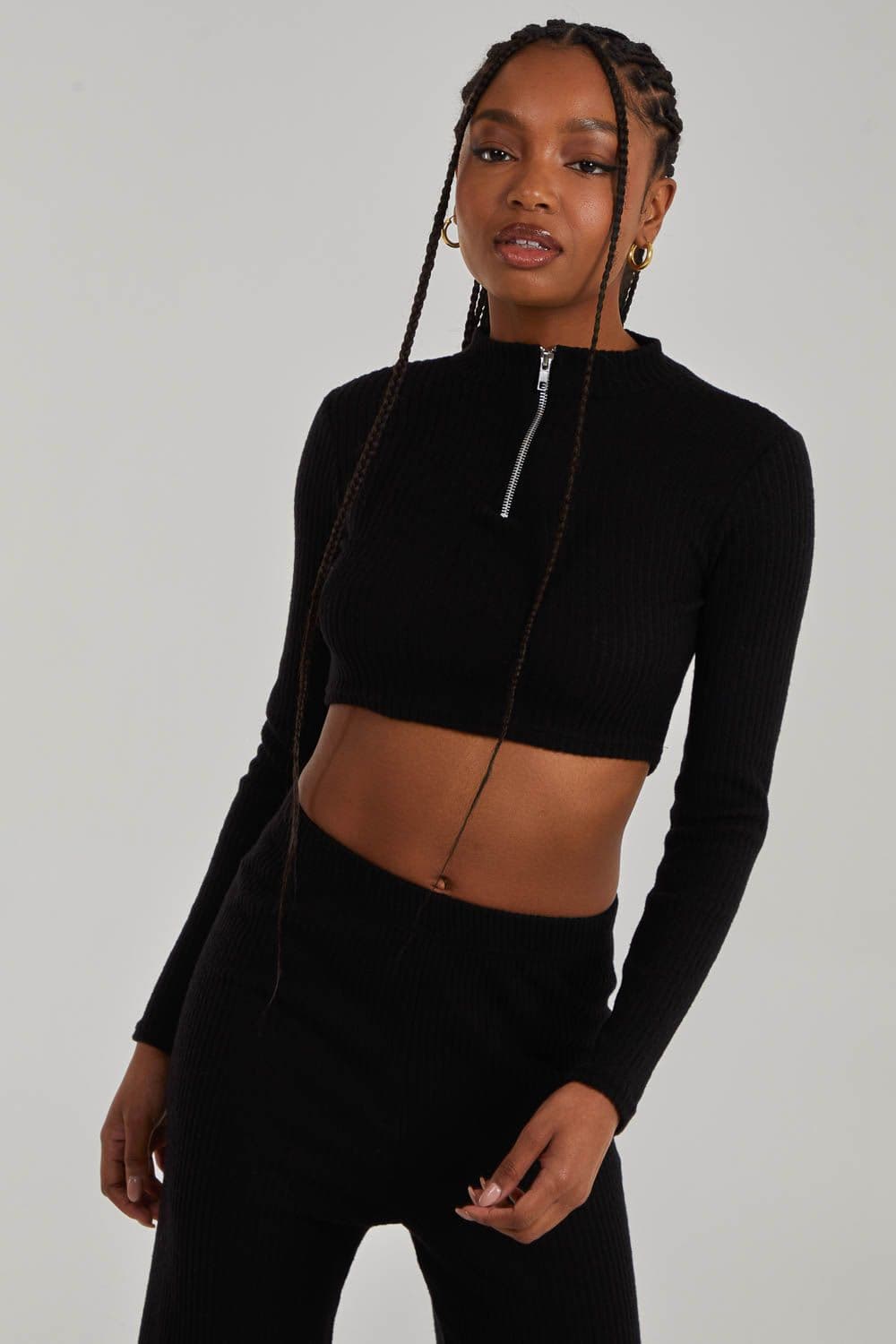 Pink Vanilla Women's Chunky Brushed Rib Zip Up Top in Black