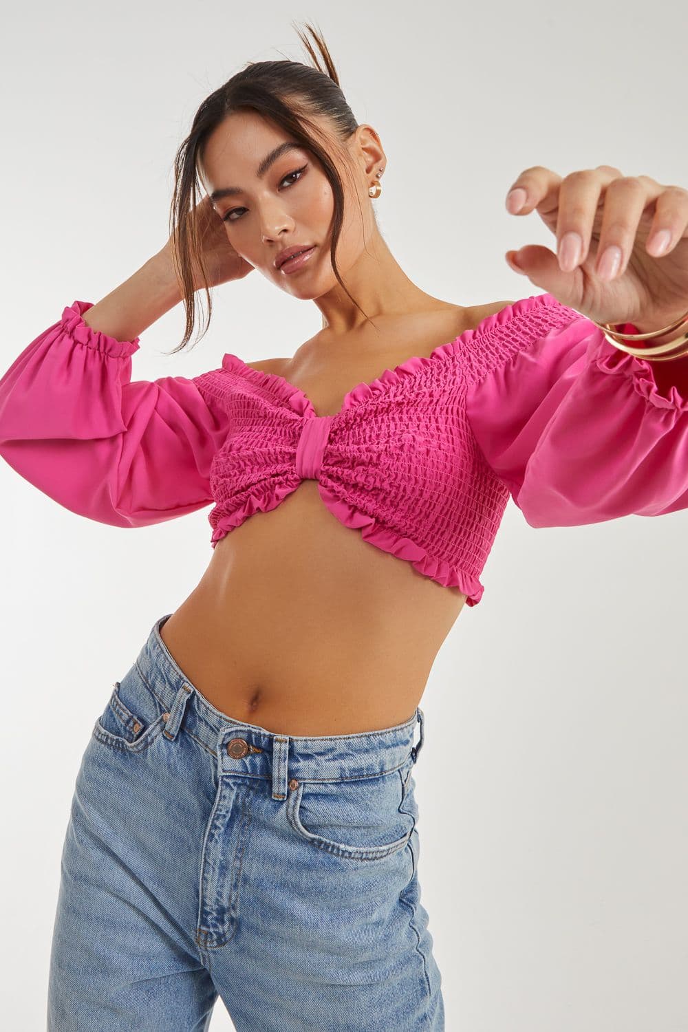 Pink Vanilla Women's Twist Front Balloon Sleeve Crop Top in Bright Pink