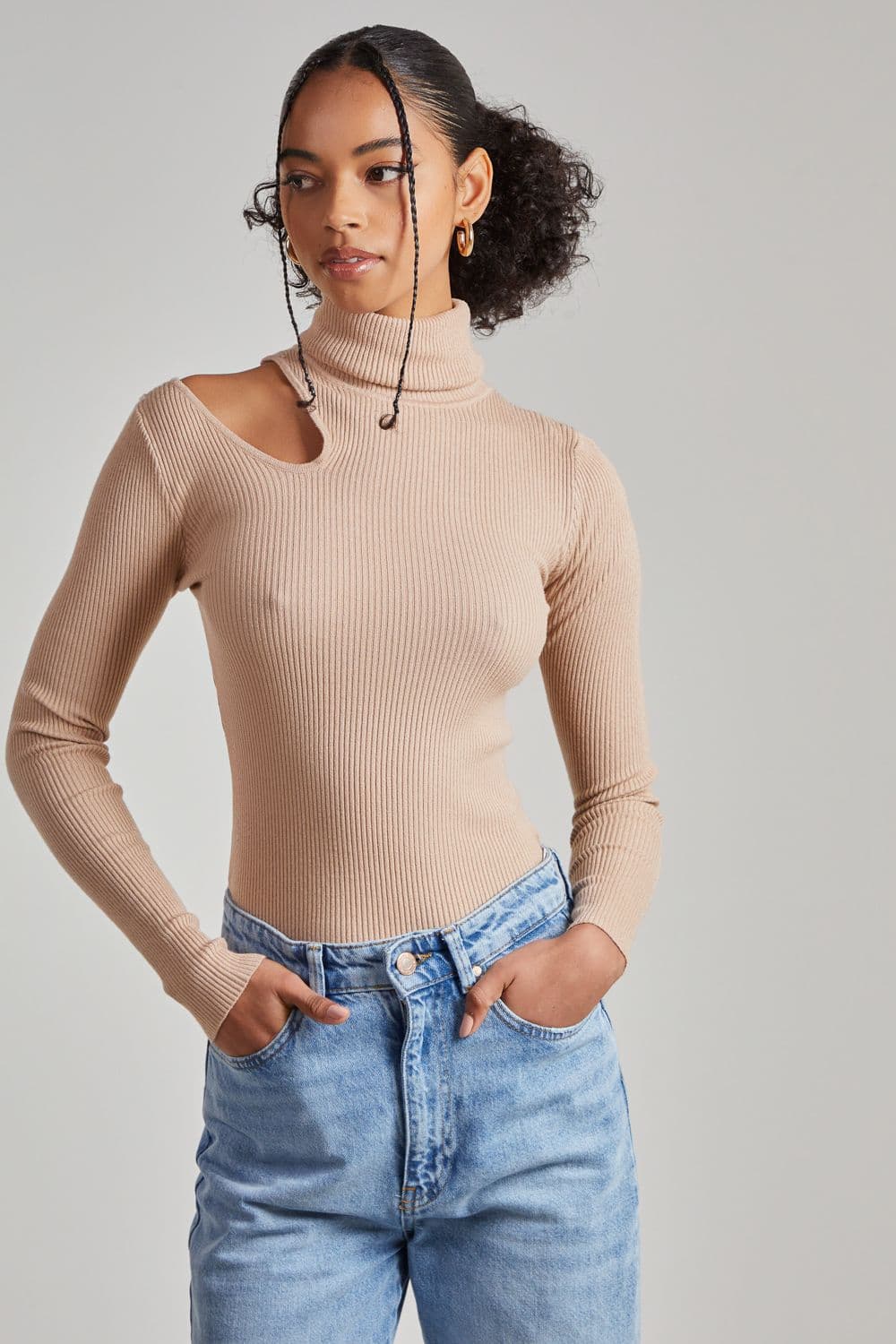 Pink Vanilla Women's Knit Cut Out Turtle Neck Top in Camel
